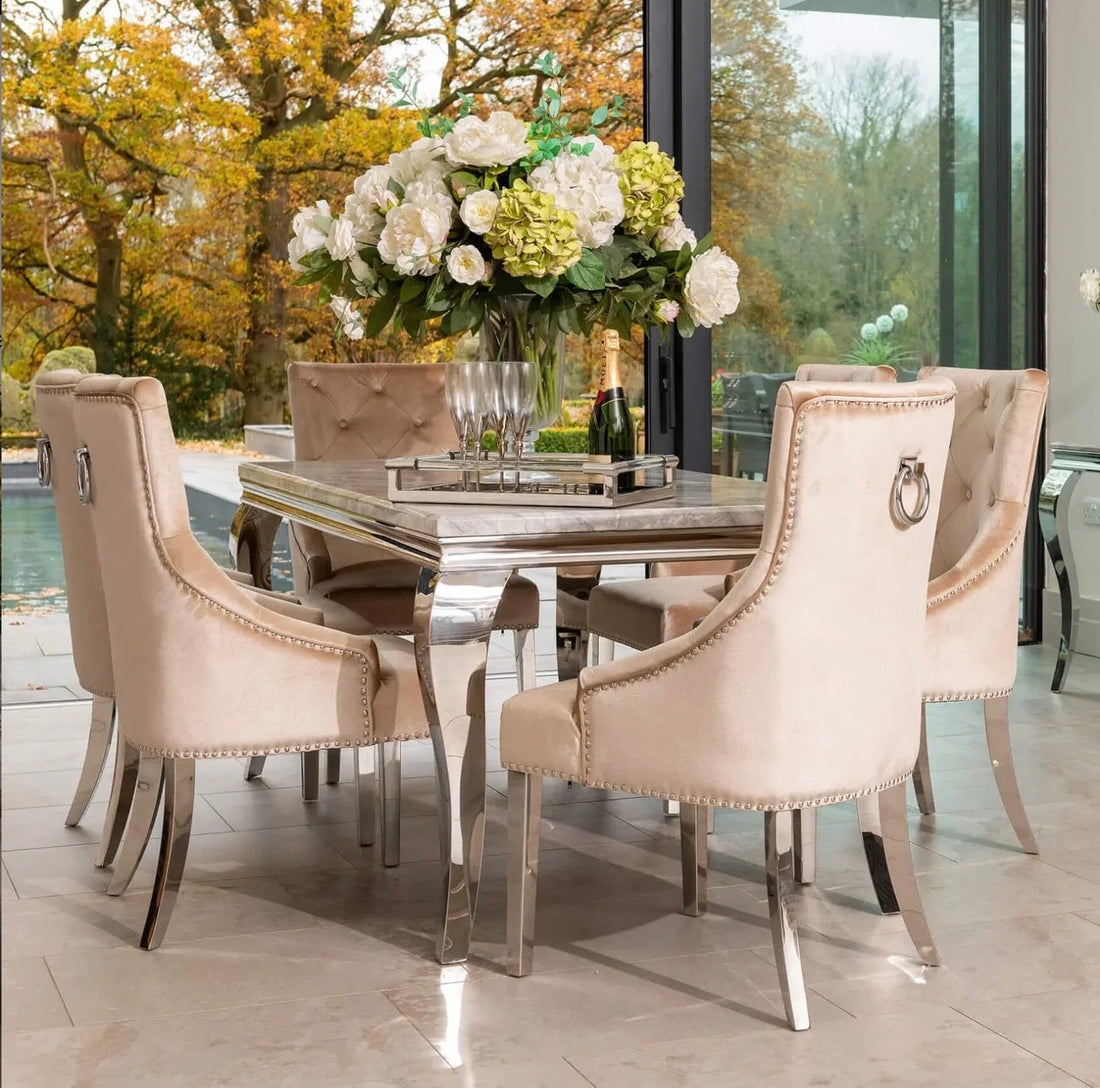 Louis Dining Table with 4, 6 or 8 Champagne Cheshire Chairs - The Outlet Home