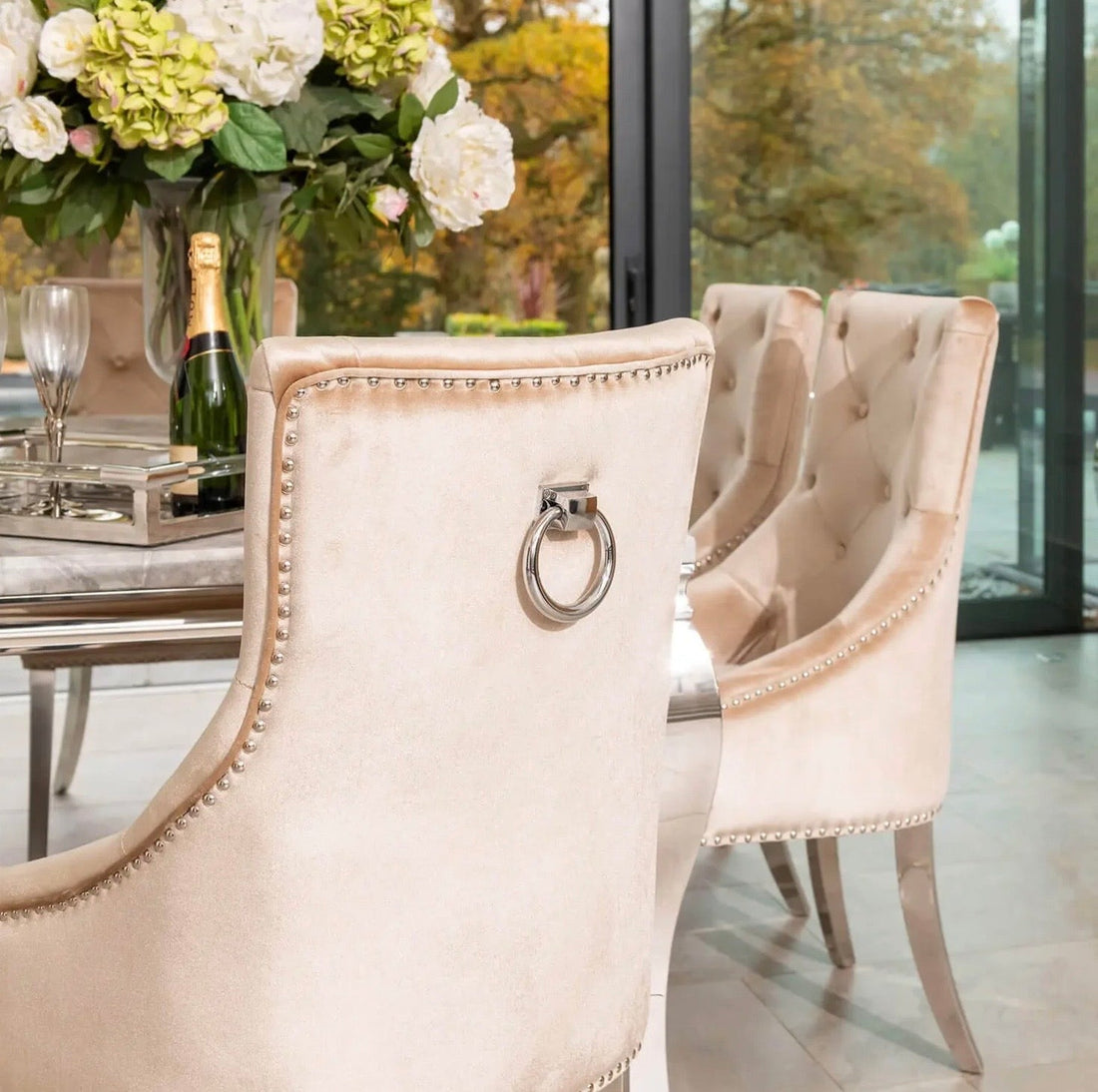 Louis Dining Table with 4, 6 or 8 Champagne Cheshire Chairs - The Outlet Home