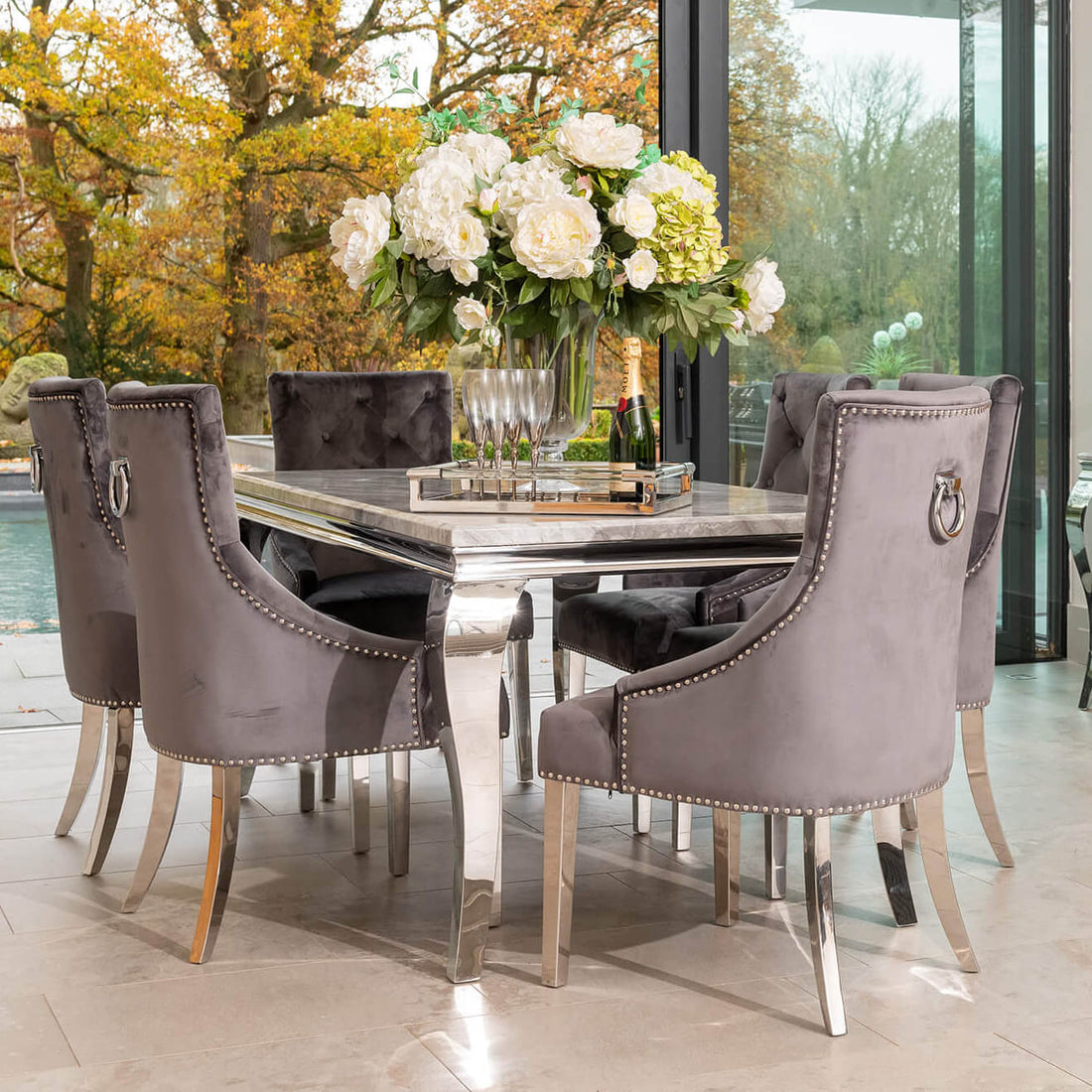 Louis Dining Table with 4, 6 or 8 Dark Grey Cheshire Chairs - The Outlet Home