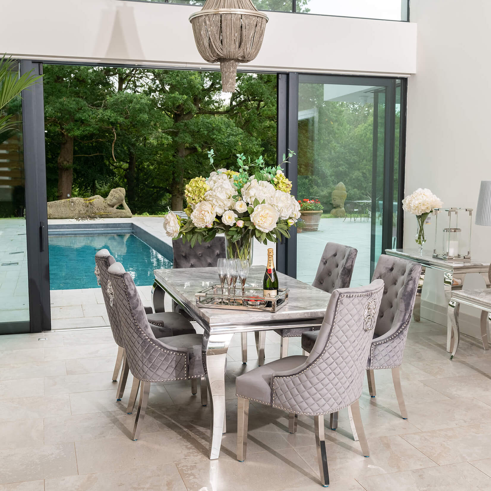 Louis Dining Table with 4, 6 or 8 Dark Grey Lion Chairs - The Outlet Home