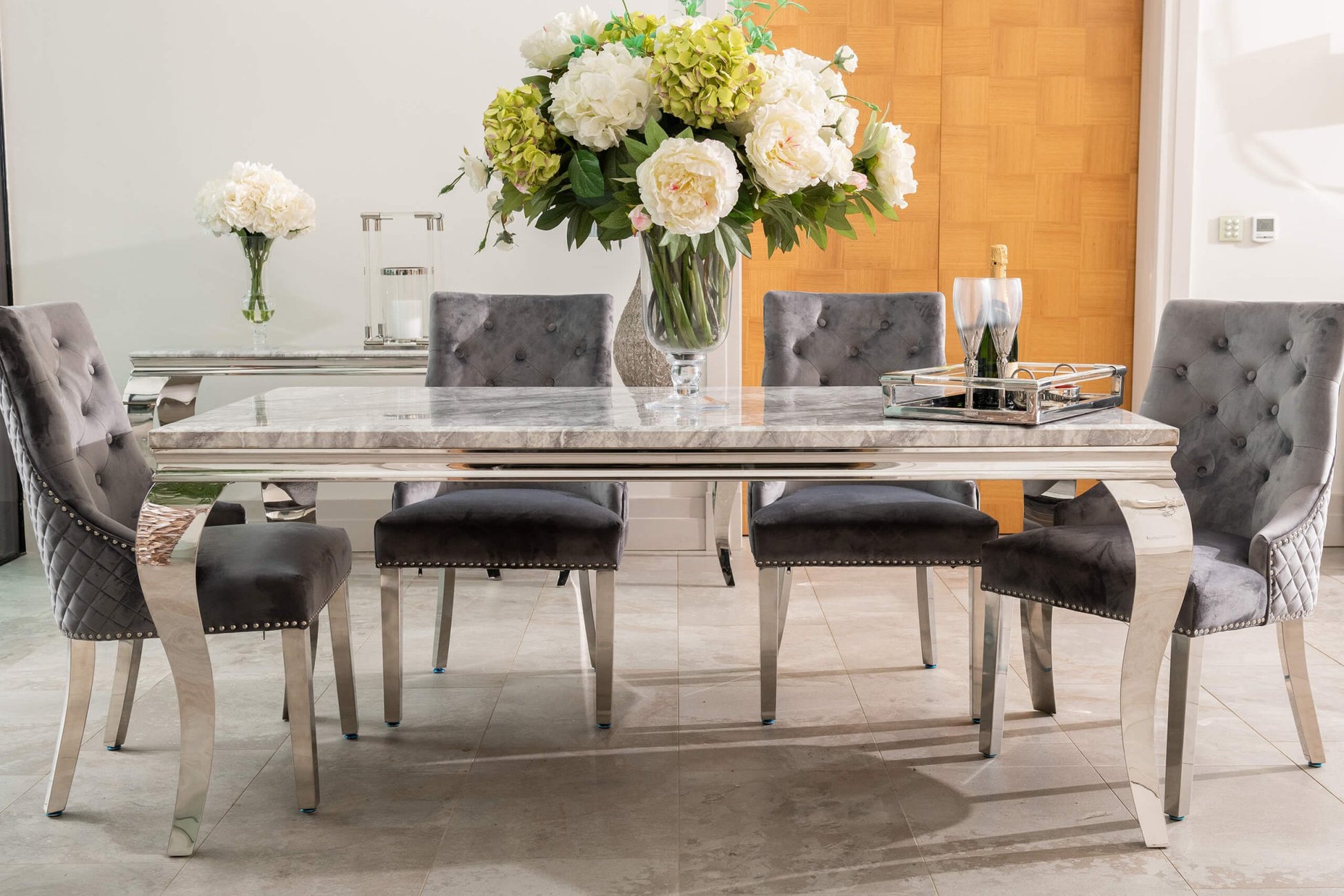 Louis Dining Table with 4, 6 or 8 Dark Grey Lion Chairs - The Outlet Home