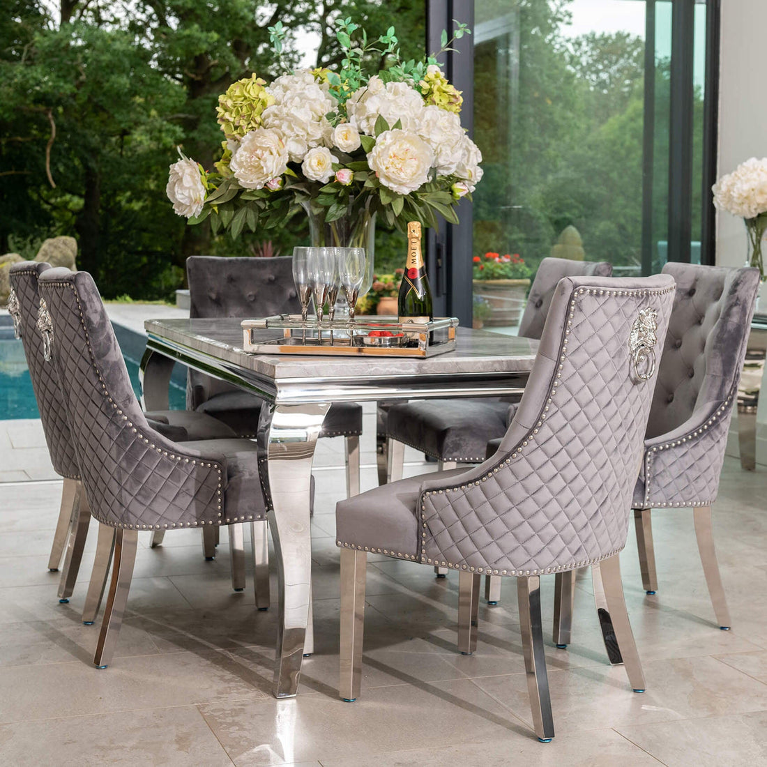 Louis Dining Table with 4, 6 or 8 Dark Grey Lion Chairs - The Outlet Home