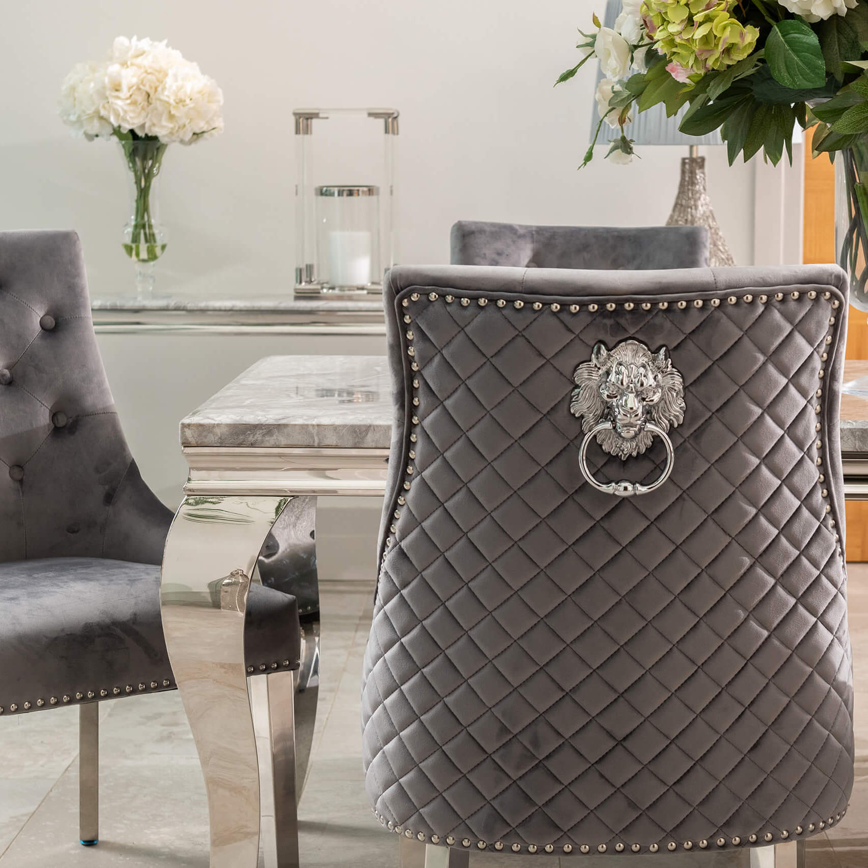 Louis Dining Table with 4, 6 or 8 Dark Grey Lion Chairs - The Outlet Home
