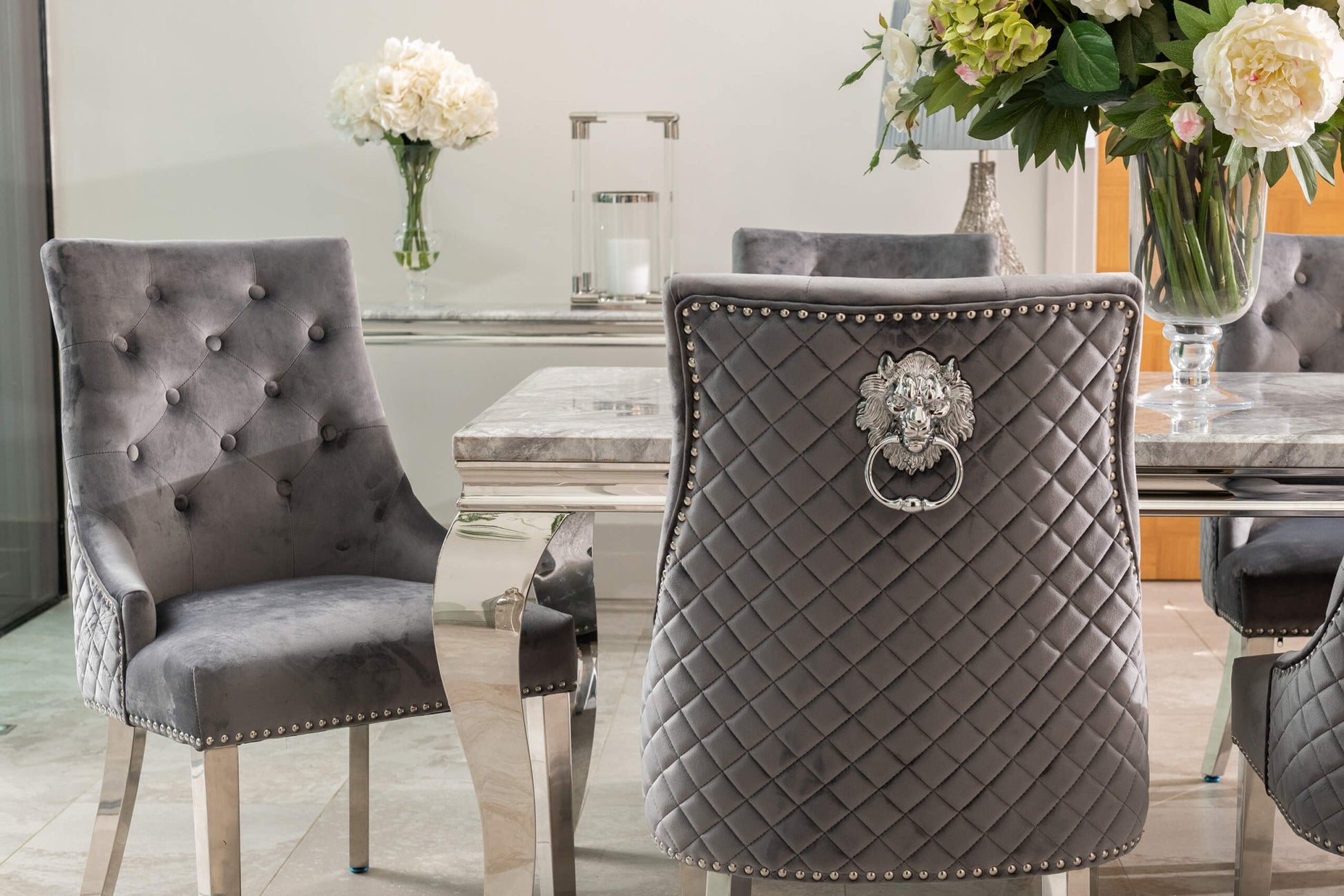 Louis Dining Table with 4, 6 or 8 Dark Grey Lion Chairs - The Outlet Home