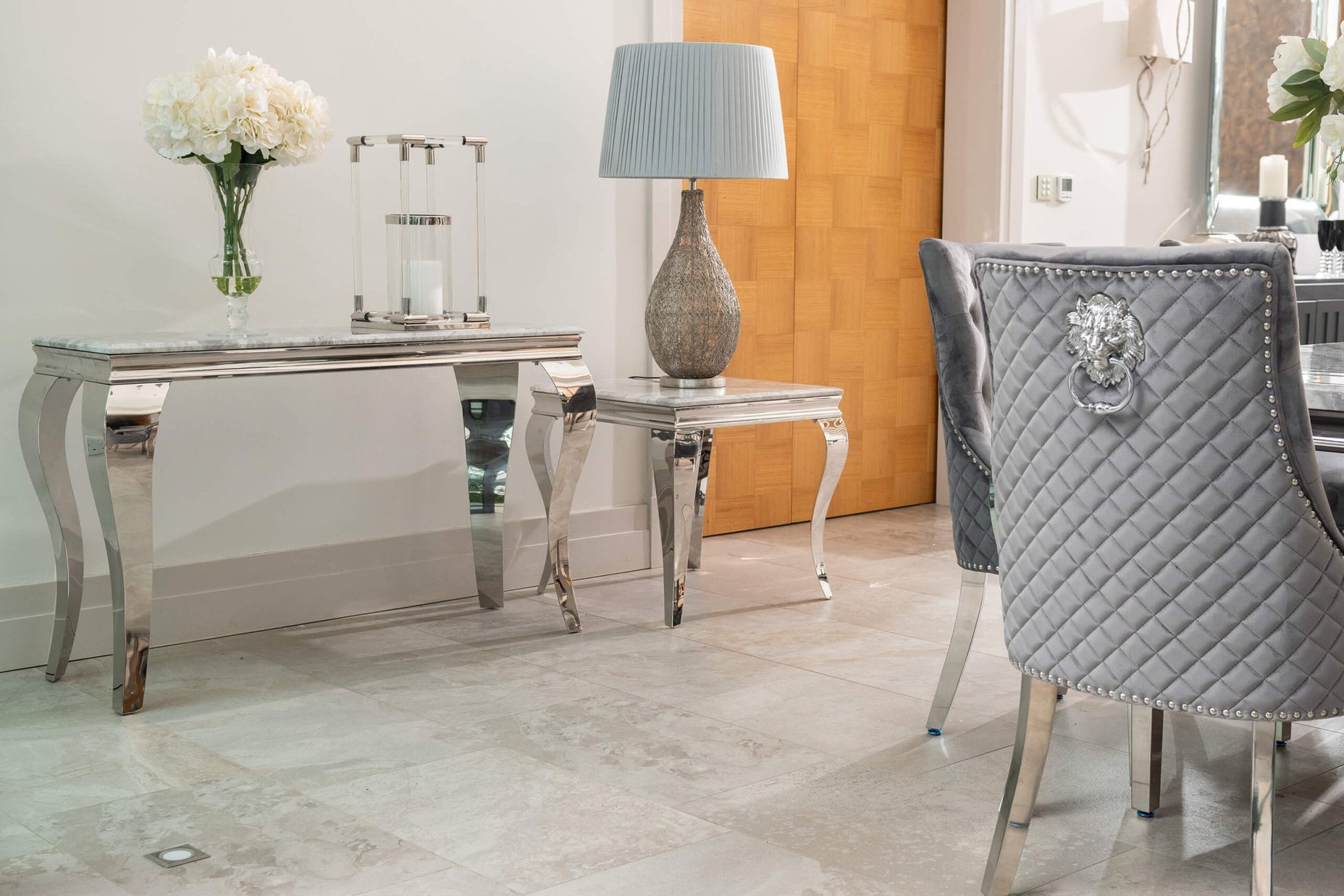 Louis Dining Table with 4, 6 or 8 Dark Grey Lion Chairs - The Outlet Home