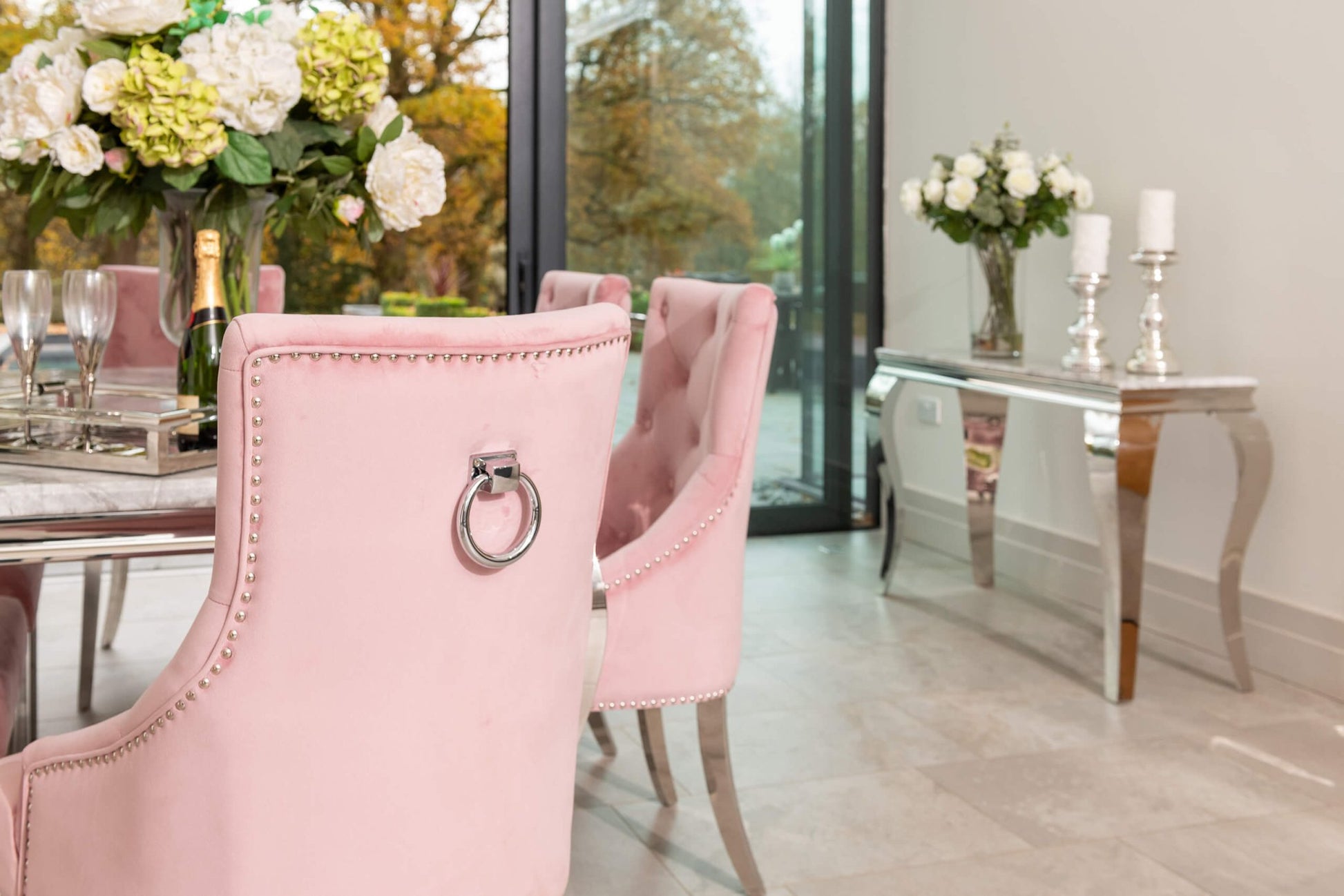 Louis Dining Table with 4, 6 or 8 Pink Cheshire Chairs - The Outlet Home