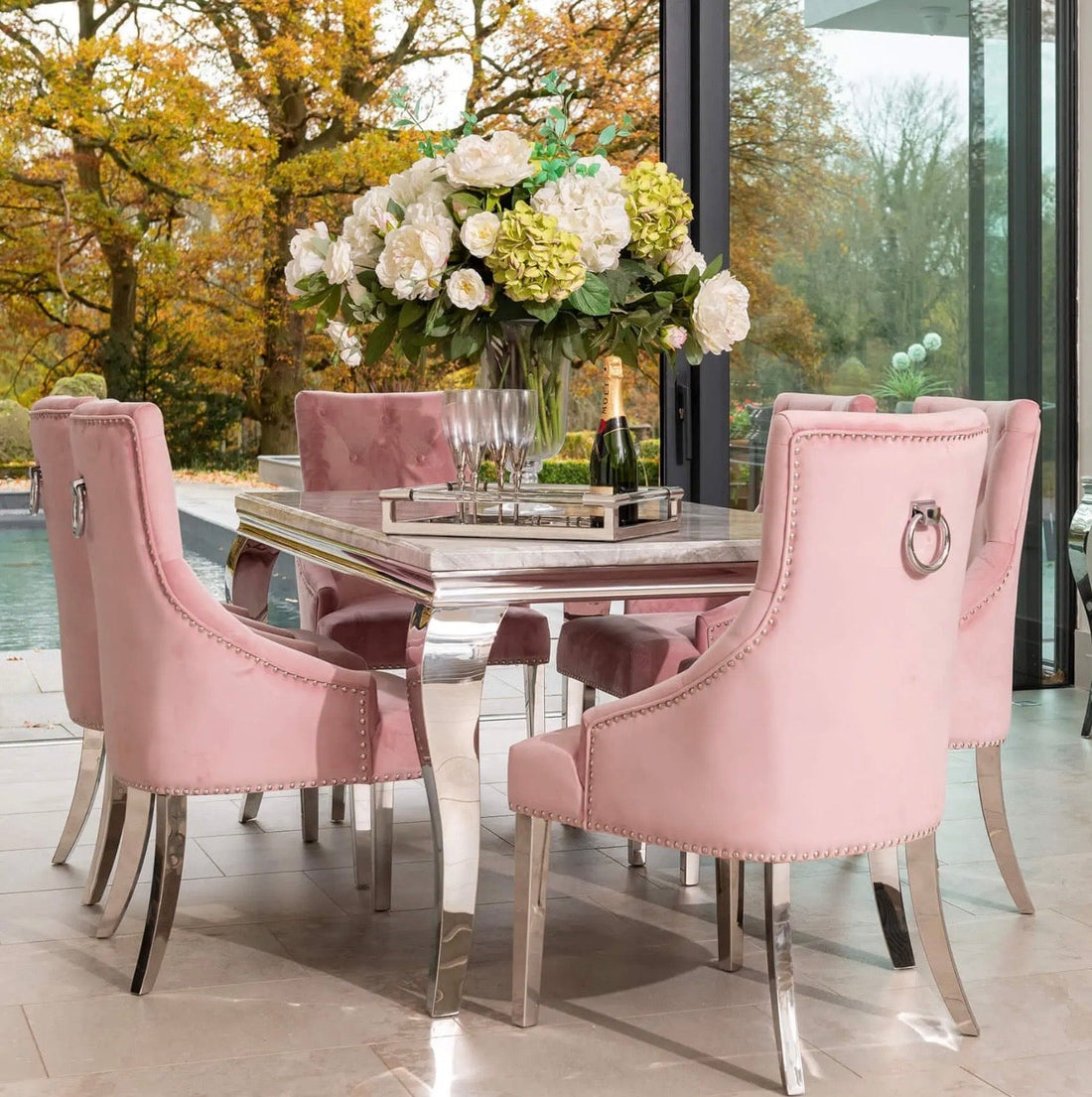 Louis Dining Table with 4, 6 or 8 Pink Cheshire Chairs - The Outlet Home