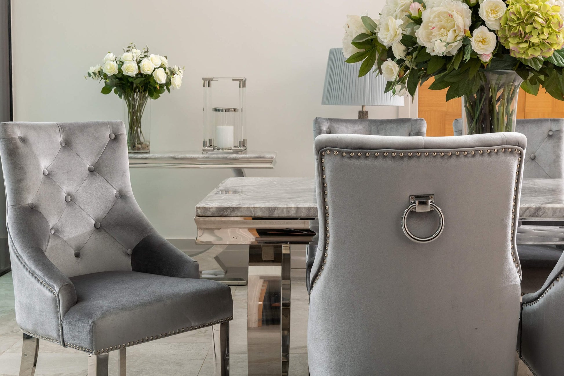 Louis Dining Table with 4, 6 or 8 Silver Cheshire Chairs - The Outlet Home