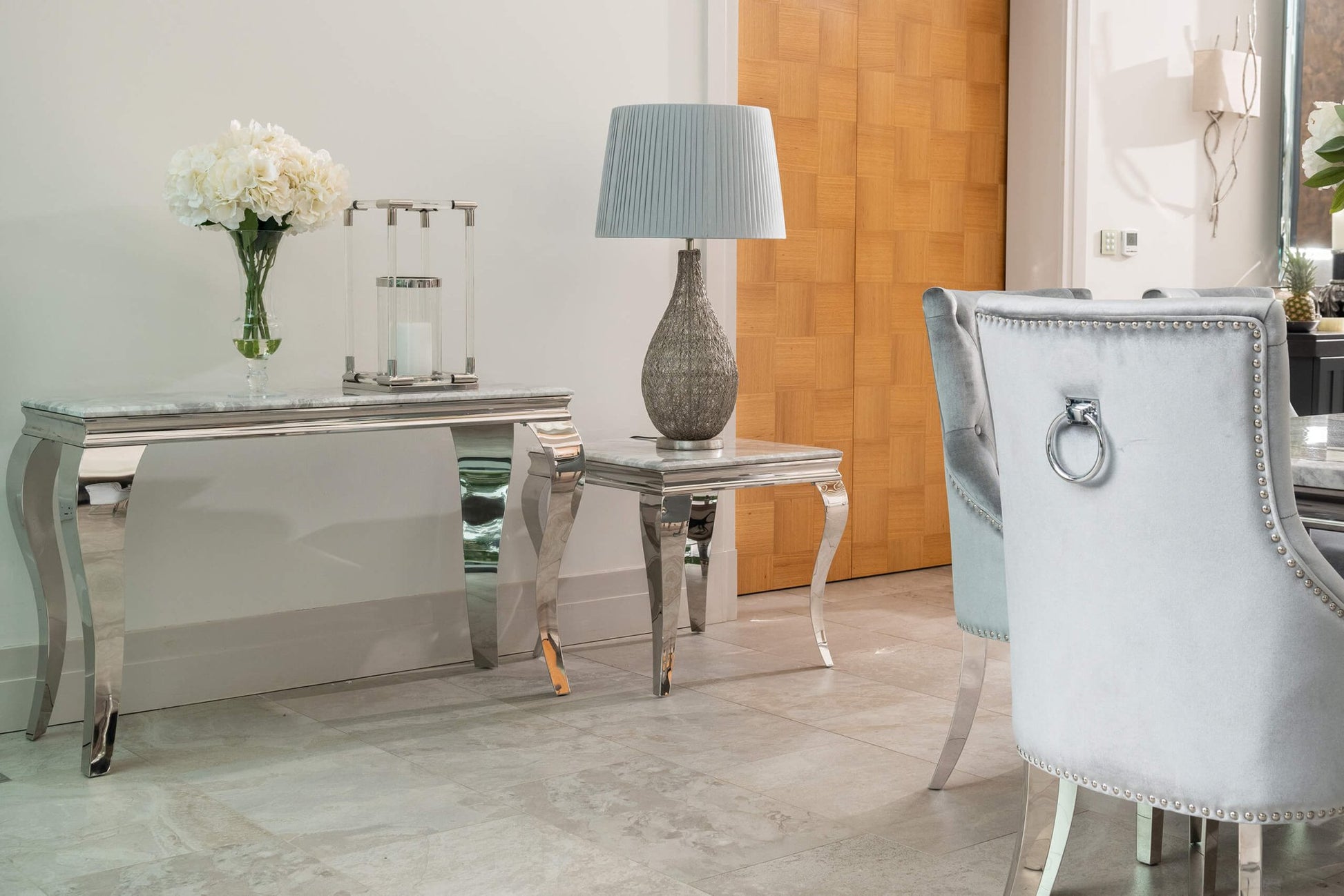Louis Dining Table with 4, 6 or 8 Silver Cheshire Chairs - The Outlet Home