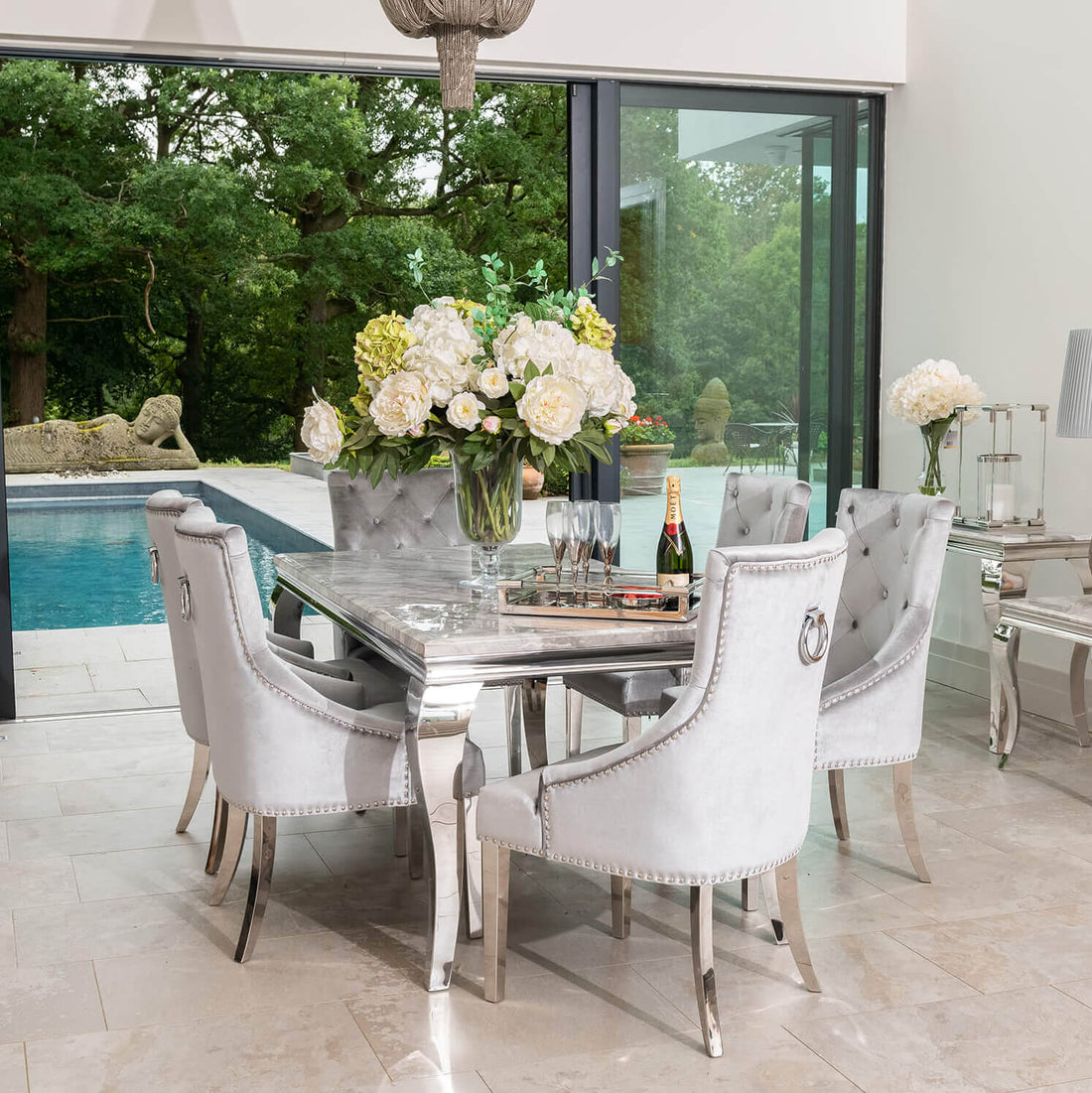 Louis Dining Table with 4, 6 or 8 Silver Cheshire Chairs - The Outlet Home