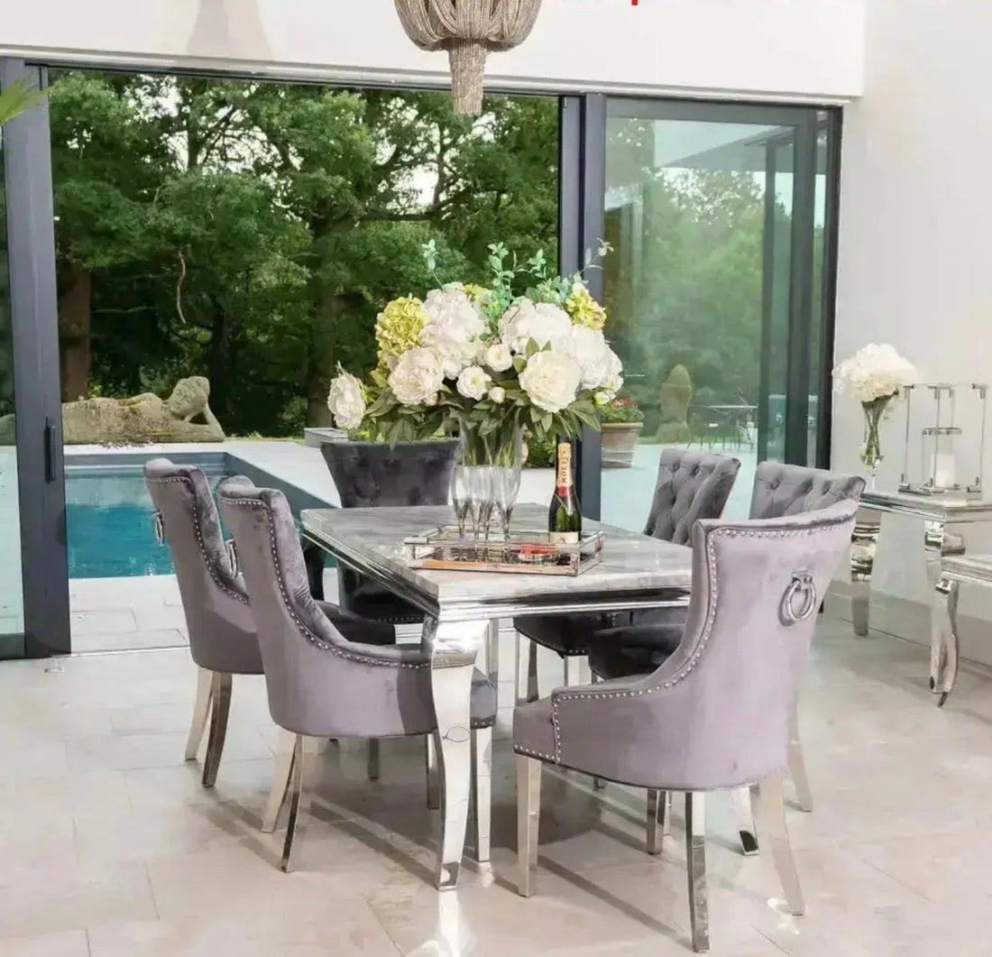 Louis Dining Table with 4,6 or 8 Grey Megan Chairs - The Outlet Home