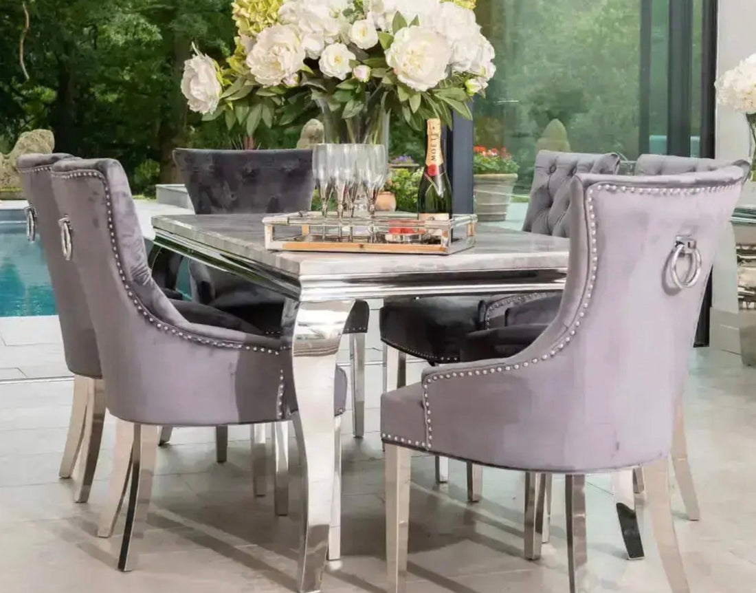 Louis Dining Table with 4,6 or 8 Grey Megan Chairs - The Outlet Home