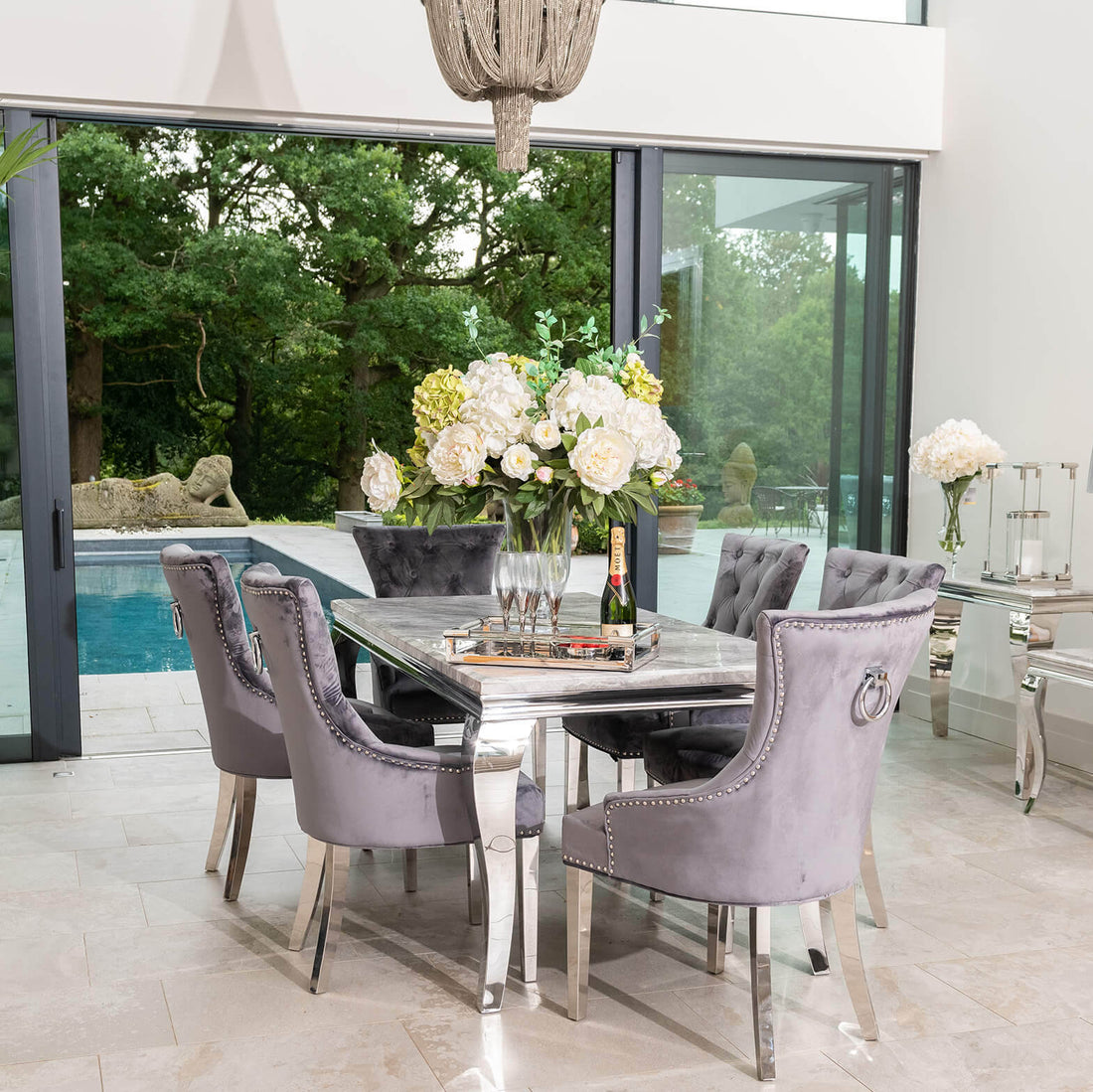 Louis Dining Table with 4,6 or 8 Grey Megan Chairs - The Outlet Home