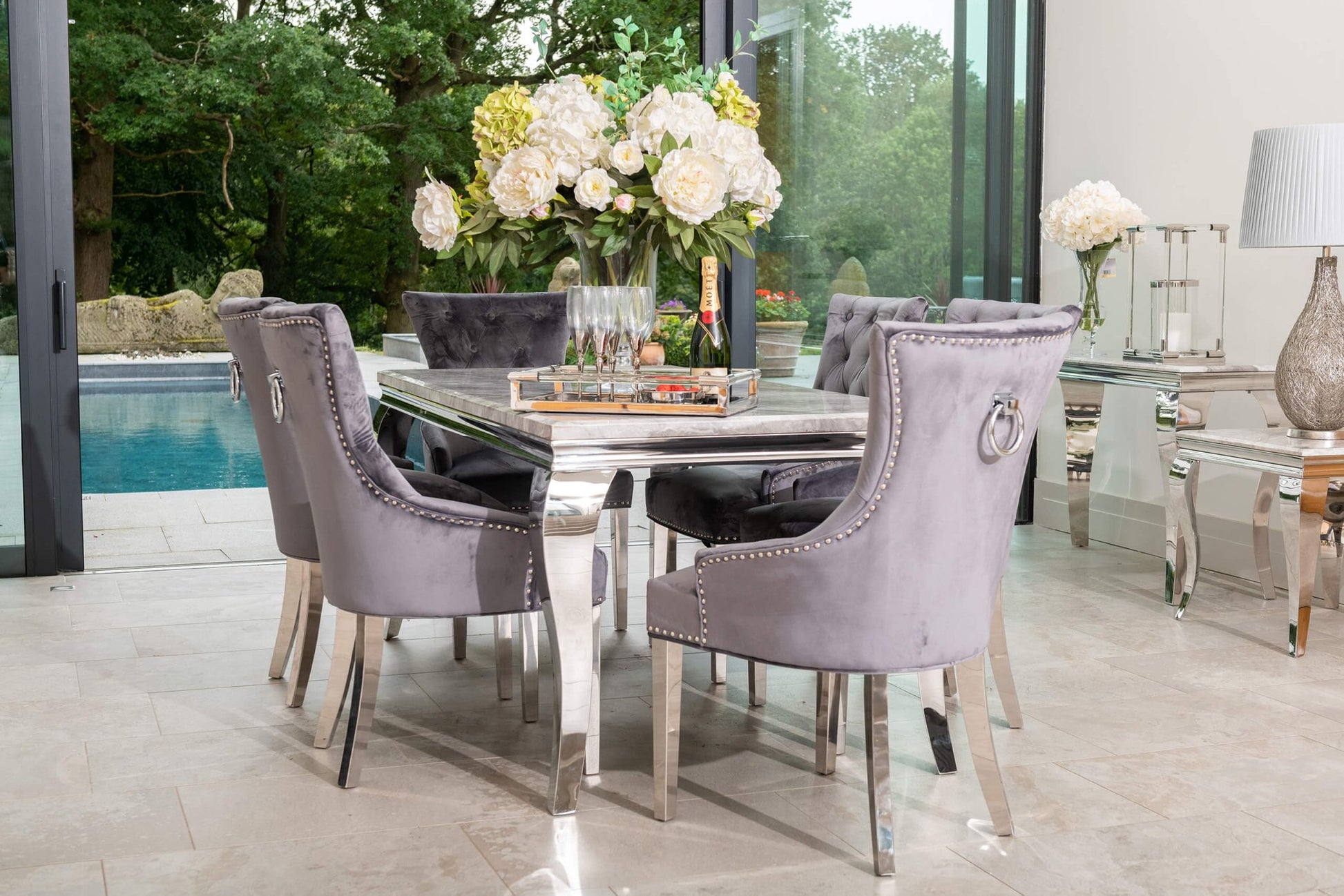 Louis Dining Table with 4,6 or 8 Grey Megan Chairs - The Outlet Home