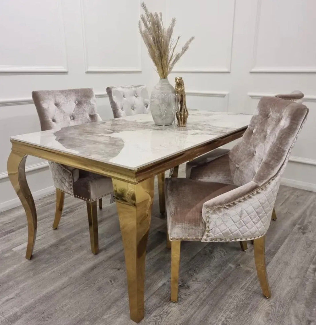 Louis Gold Frame Dining Table with 4 or 6 Bentley Gold and Champagne Chairs - The Outlet Home