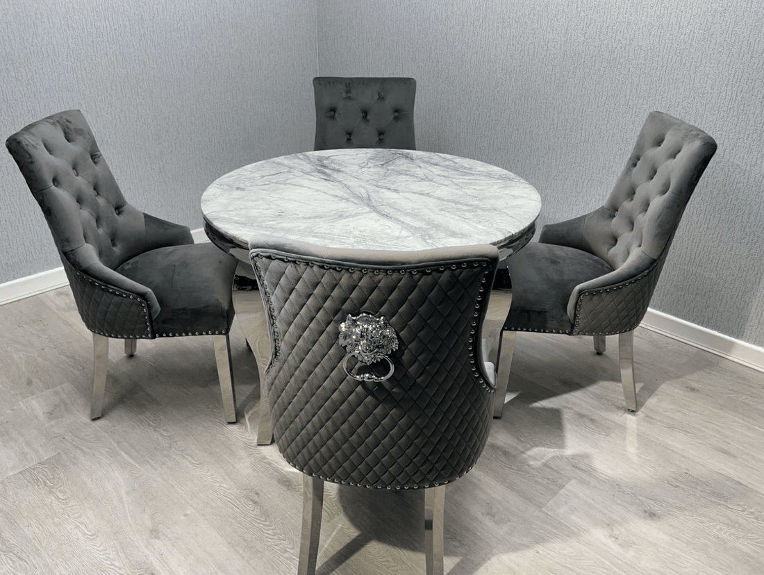 Louis Round Marble Dining Set with 4 Bentley Lion Chairs - The Outlet Home
