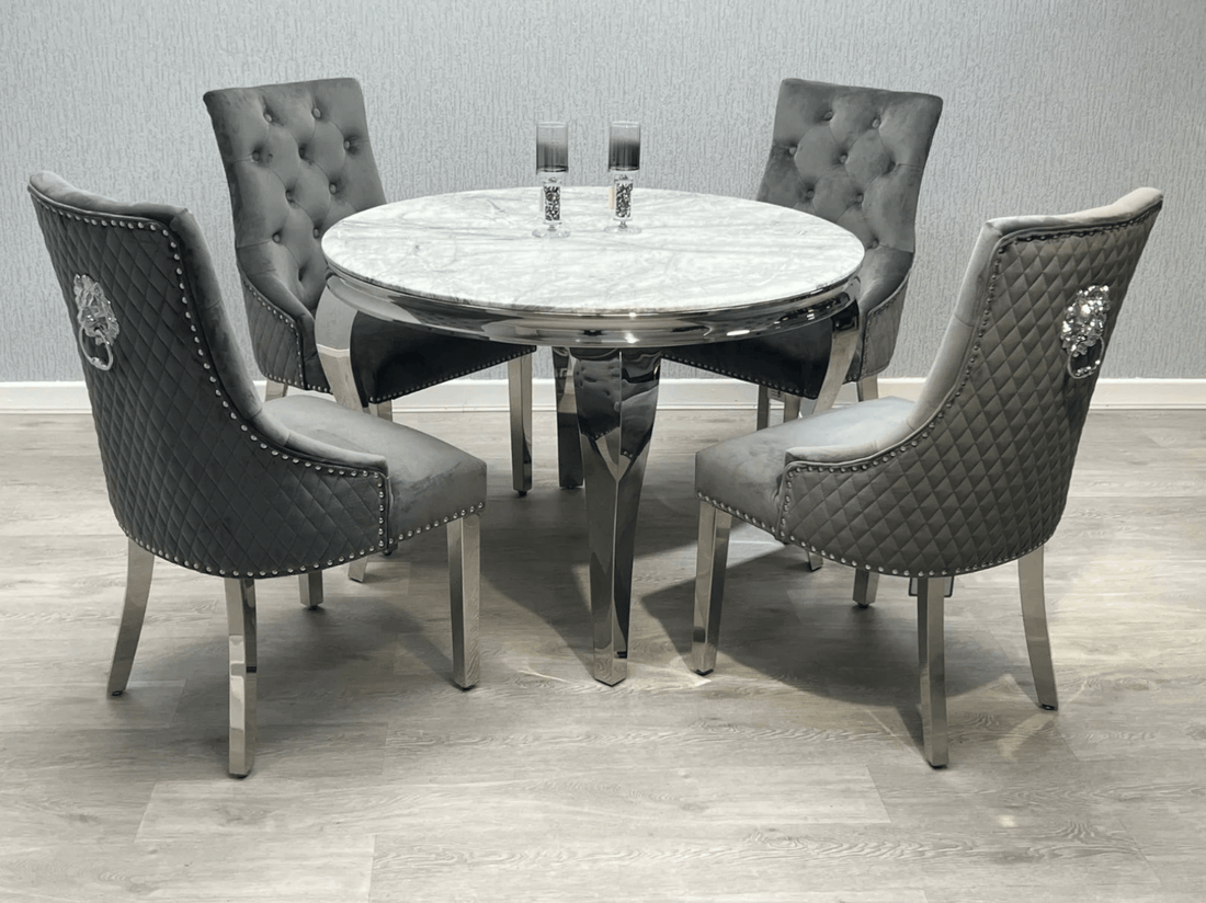 Louis Round Marble Dining Set with 4 Bentley Lion Chairs - The Outlet Home