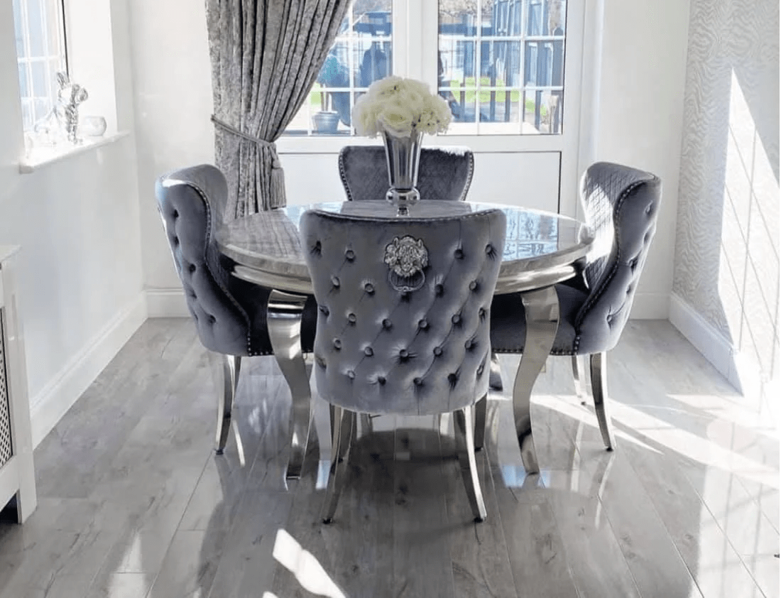 Louis Round Marble Dining Set with 4 Chelsea Chairs Grey Shimmer - The Outlet Home