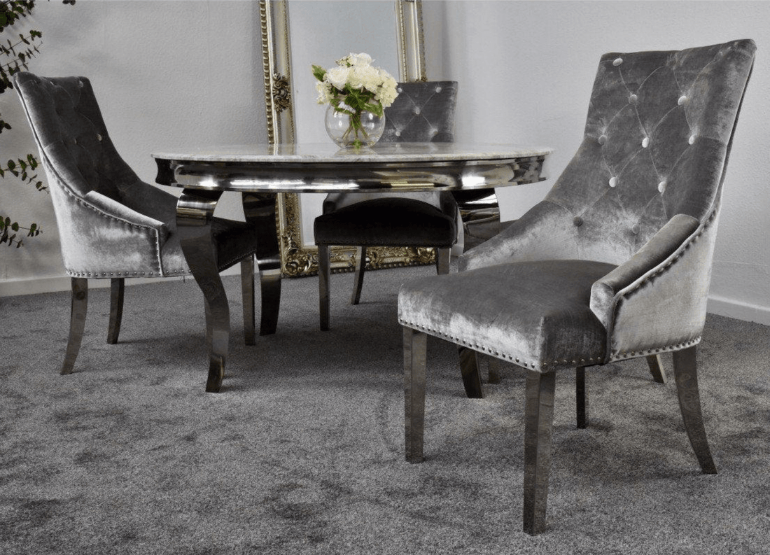 Louis Round Marble Dining Set with 4 Silver Grey Chairs - The Outlet Home