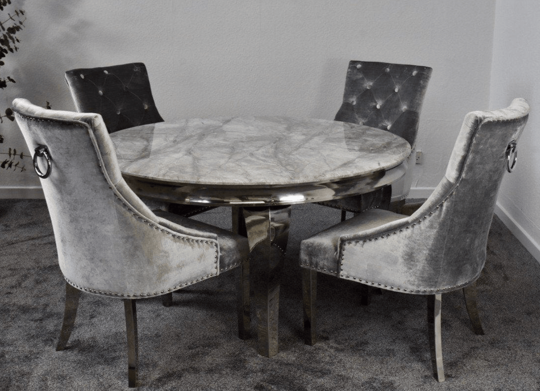 Louis Round Marble Dining Set with 4 Silver Grey Chairs - The Outlet Home