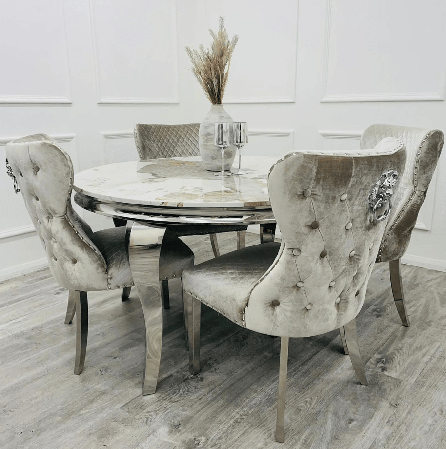 Louis Round Pandora Marble Dining Set with 4 Chelsea Chairs Champagne - The Outlet Home