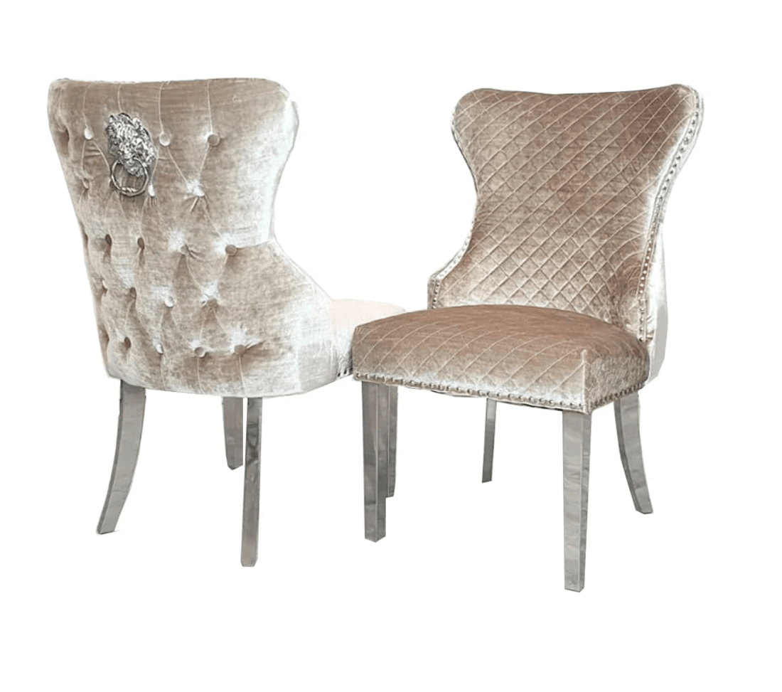 Louis Round Pandora Marble Dining Set with 4 Chelsea Chairs Champagne - The Outlet Home