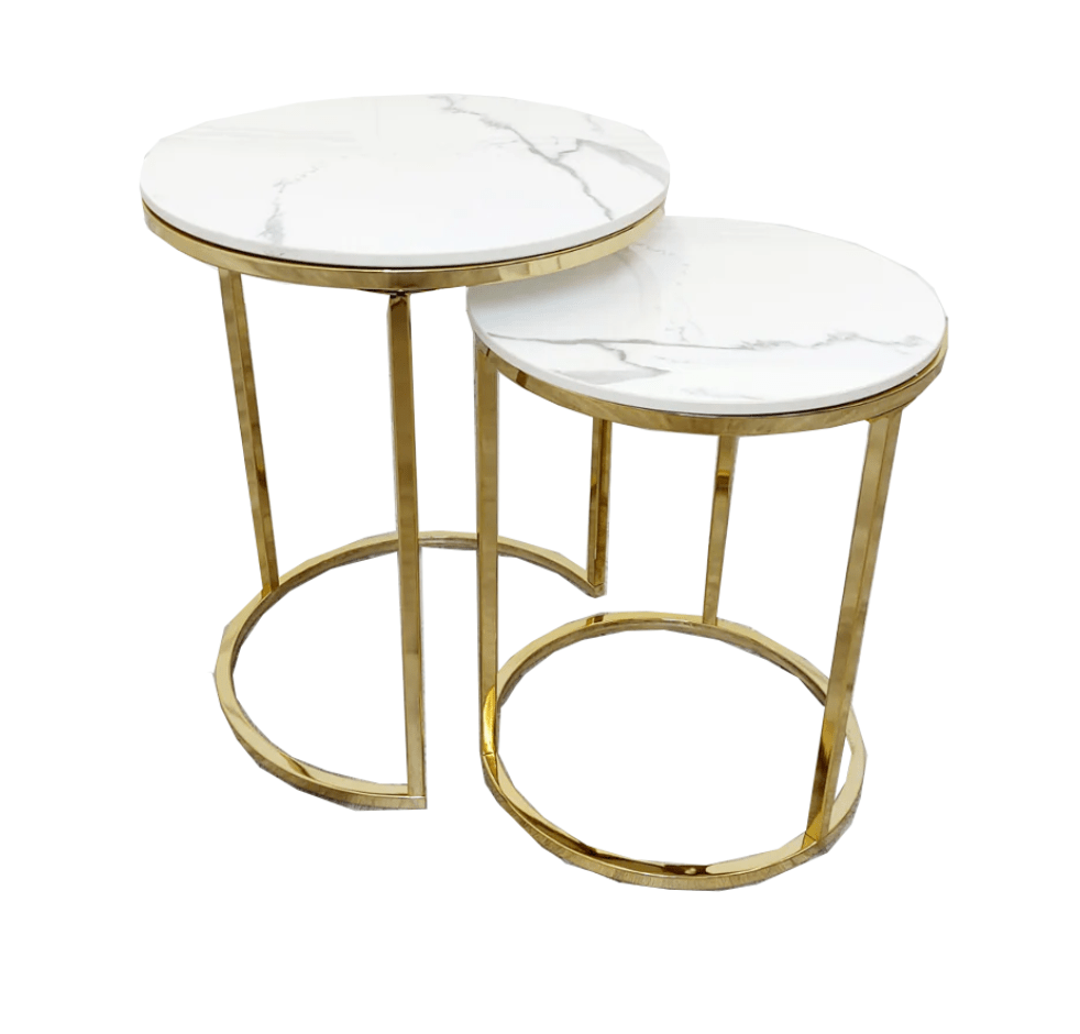 Lux Nest of 2 Tall Gold End Tables with Polar White Sintered Stone Tops - The Outlet Home