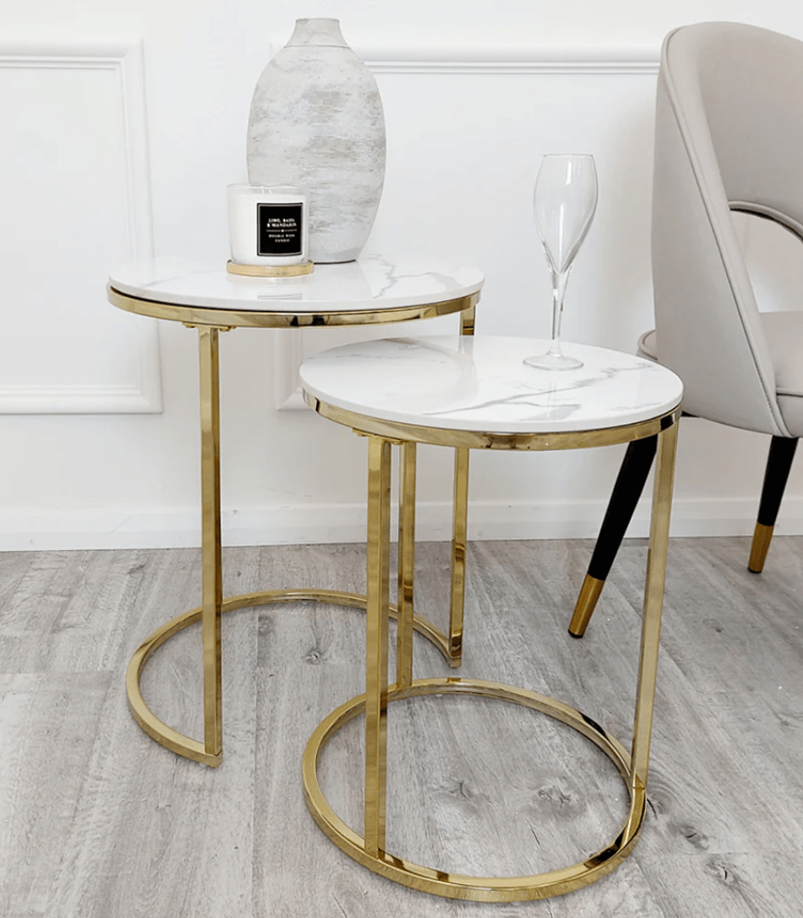 Lux Nest of 2 Tall Gold End Tables with Polar White Sintered Stone Tops - The Outlet Home