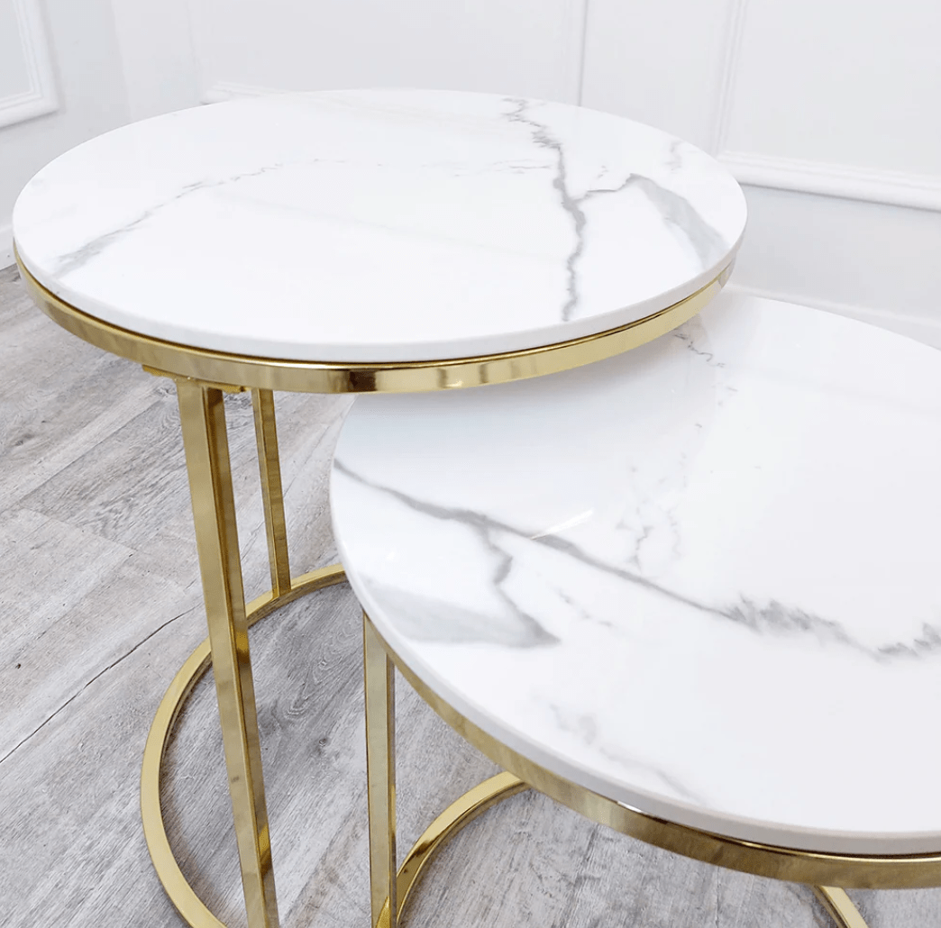 Lux Nest of 2 Tall Gold End Tables with Polar White Sintered Stone Tops - The Outlet Home