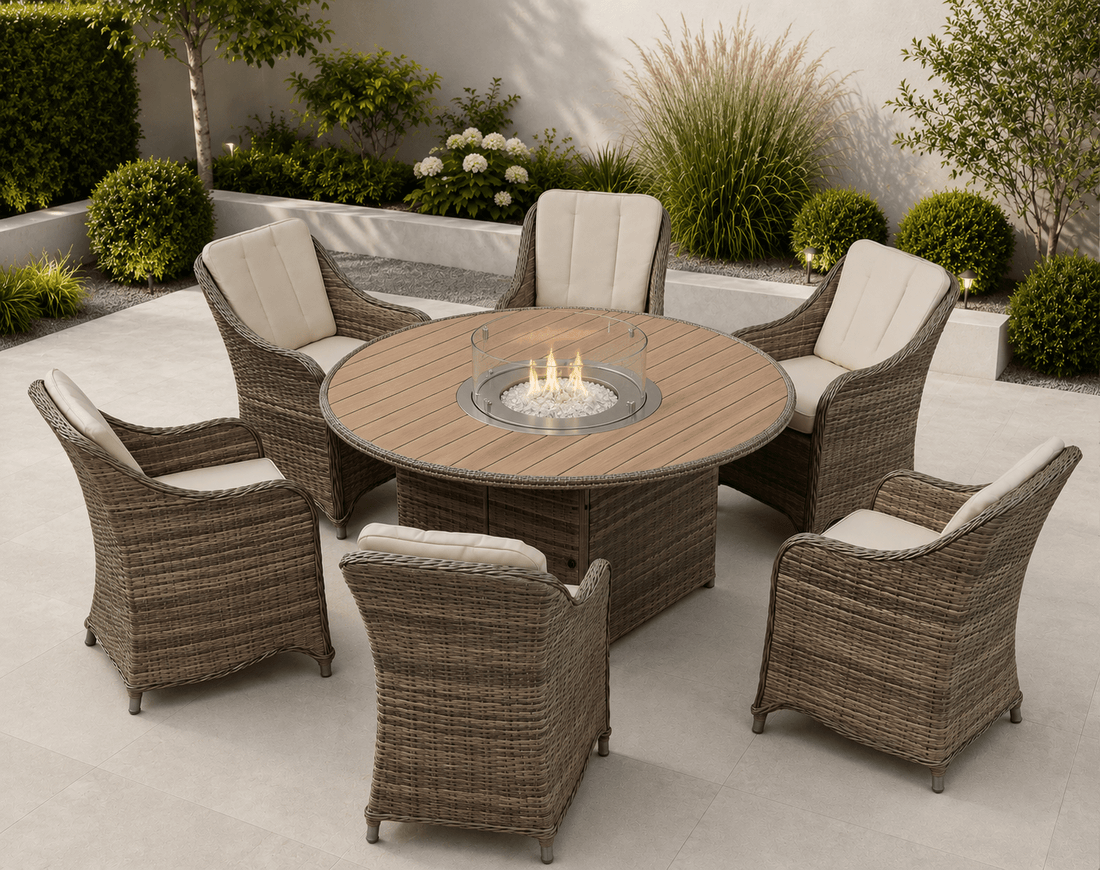 Marbella Natural 6 Seat Rattan Fire Pit Garden Furniture - The Outlet Home