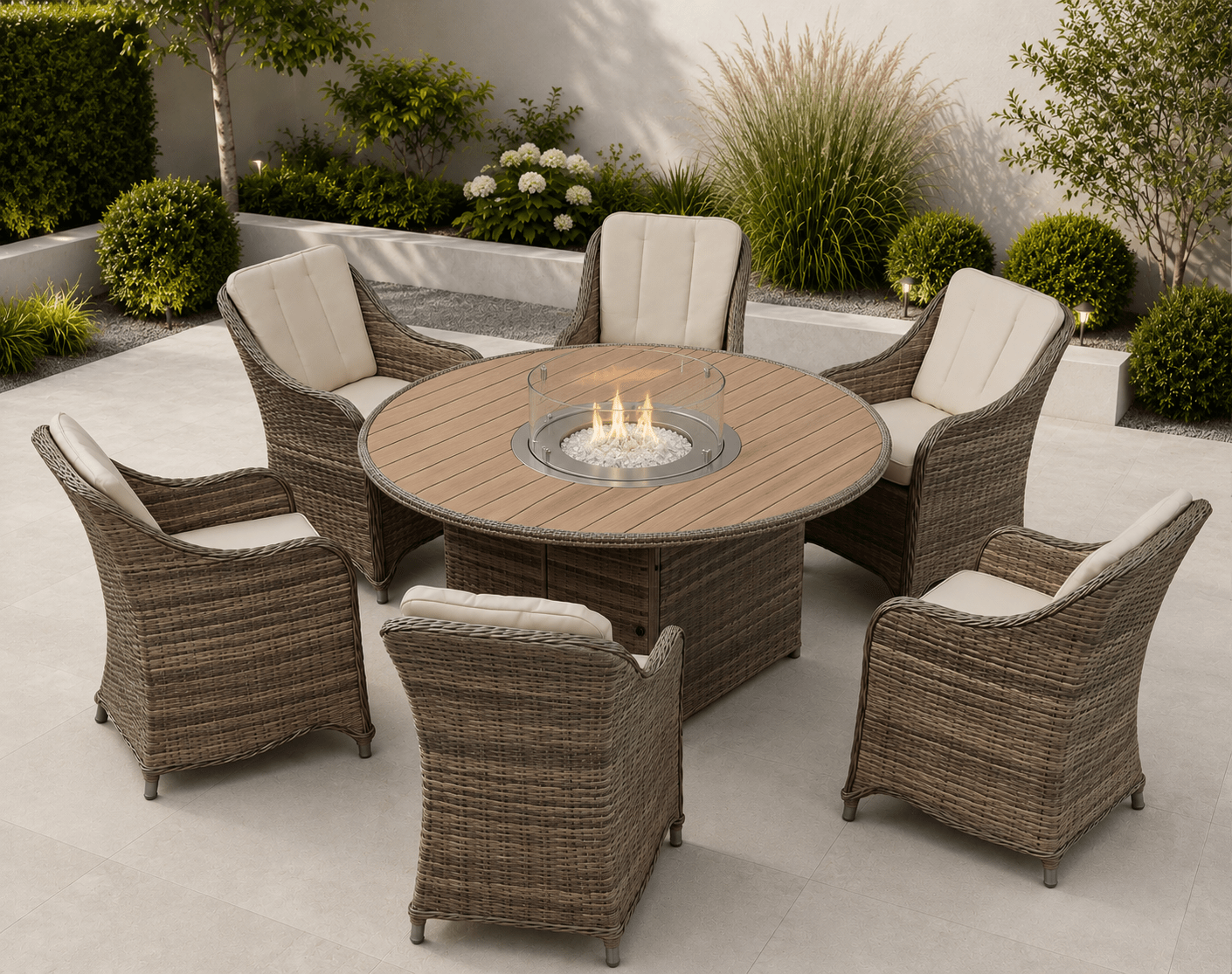 Marbella Natural 6 Seat Rattan Fire Pit Garden Furniture - The Outlet Home