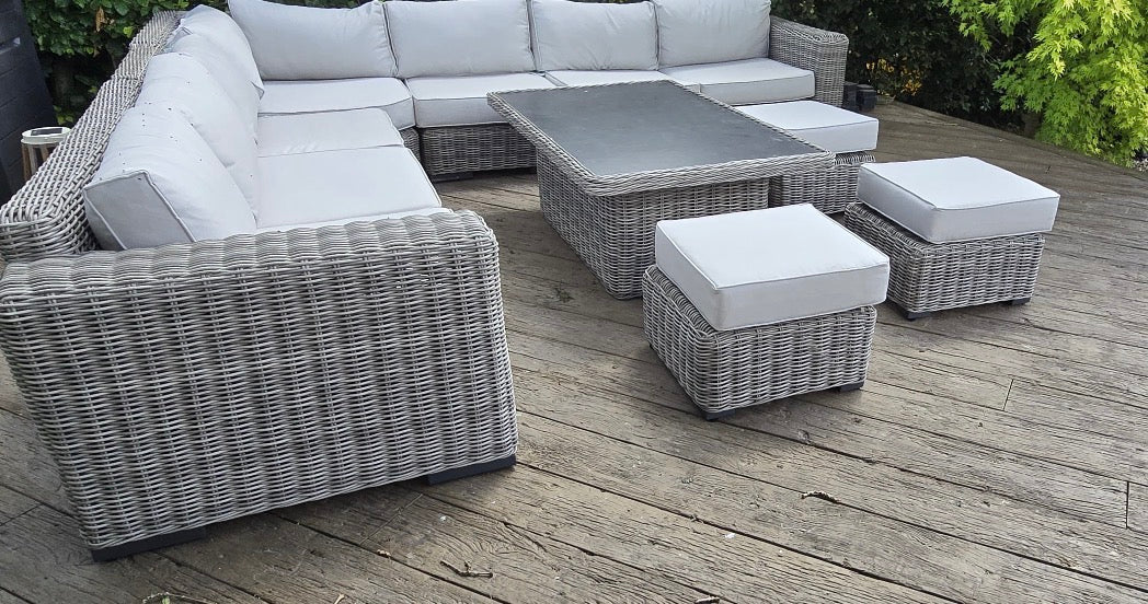 Marseille Grande Luxury Modular Corner Sofa with Rise and Fall Dining Table in Natural Grey - Order by 21st July for Free Parasol & Weather Cover - The Outlet Home
