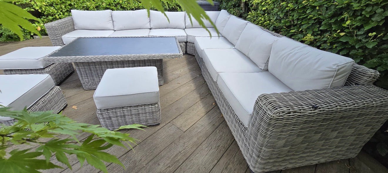 Marseille Grande Luxury Modular Corner Sofa with Rise and Fall Fire Pit Dining Table in Natural Grey - Order by 9th July for Free Parasol & Weather Cover - The Outlet Home