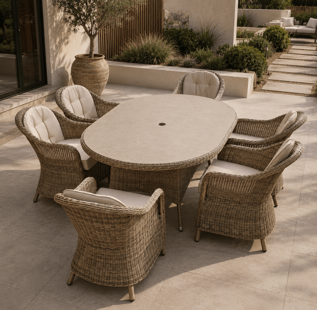Marseille Luxury 6 Seat Dining Set Natural - Order by 9th July for Free Parasol & Weather Cover - The Outlet Home