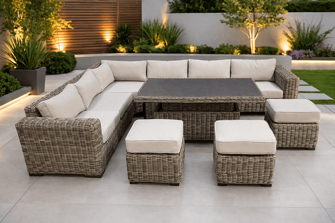 Marseille Luxury Modular Corner Sofa with Rise and Fall Dining Table in Natural Grey - Pre - order end of April - Order by 12th March for Free Parasol & Weather Cover - The Outlet Home