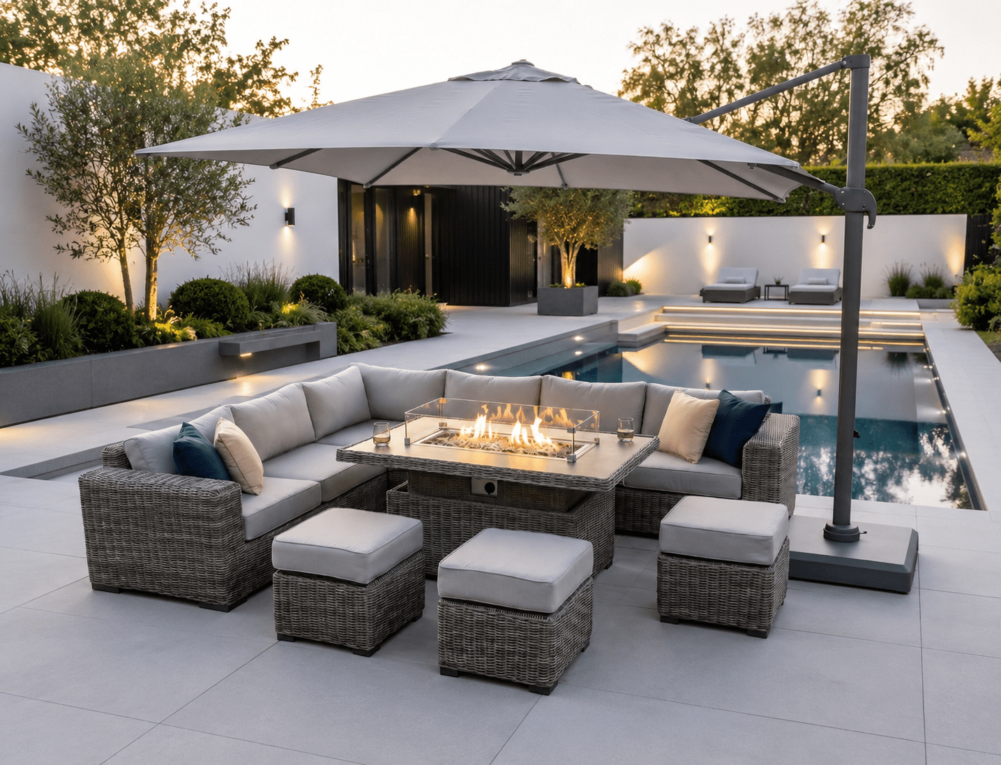 Marseille Luxury Modular Corner Sofa with Rise and Fall Fire Pit Dining Table in Natural Grey - The Outlet Home
