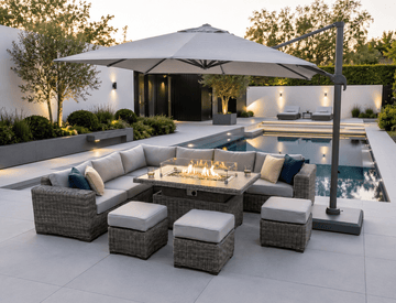 Marseille Luxury Modular Corner Sofa with Rise and Fall Fire Pit Dining Table in Natural Grey - The Outlet Home