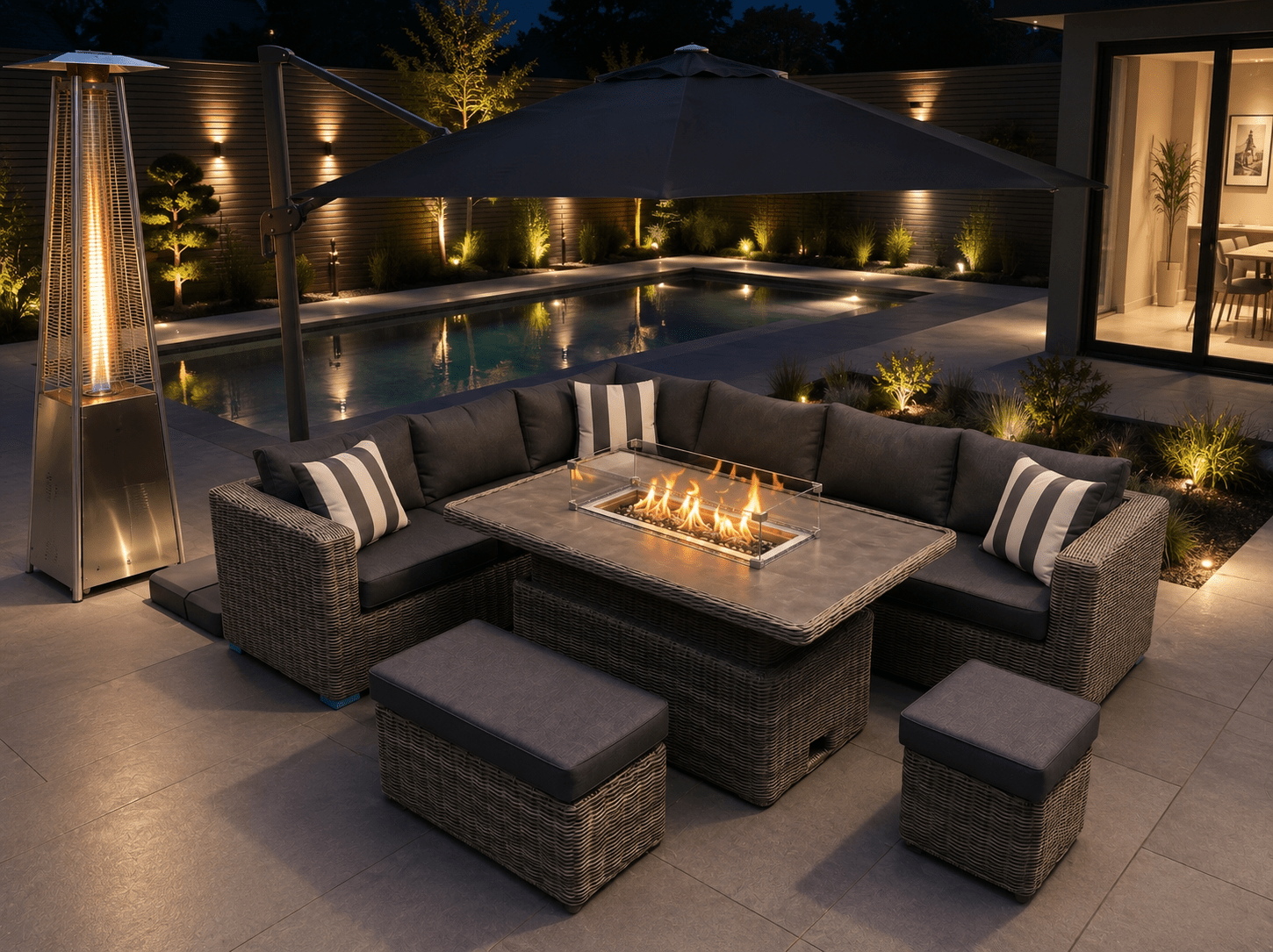 Marseille Luxury Modular Corner Sofa with Rise and Fall Fire Pit Dining Table in Natural Grey - Order by 17th July for Free Parasol & Weather Cover - The Outlet Home