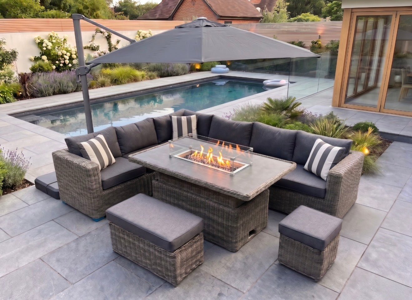 Marseille Luxury Modular Corner Sofa with Rise and Fall Fire Pit Dining Table in Natural Grey - Order by 17th July for Free Parasol & Weather Cover - The Outlet Home