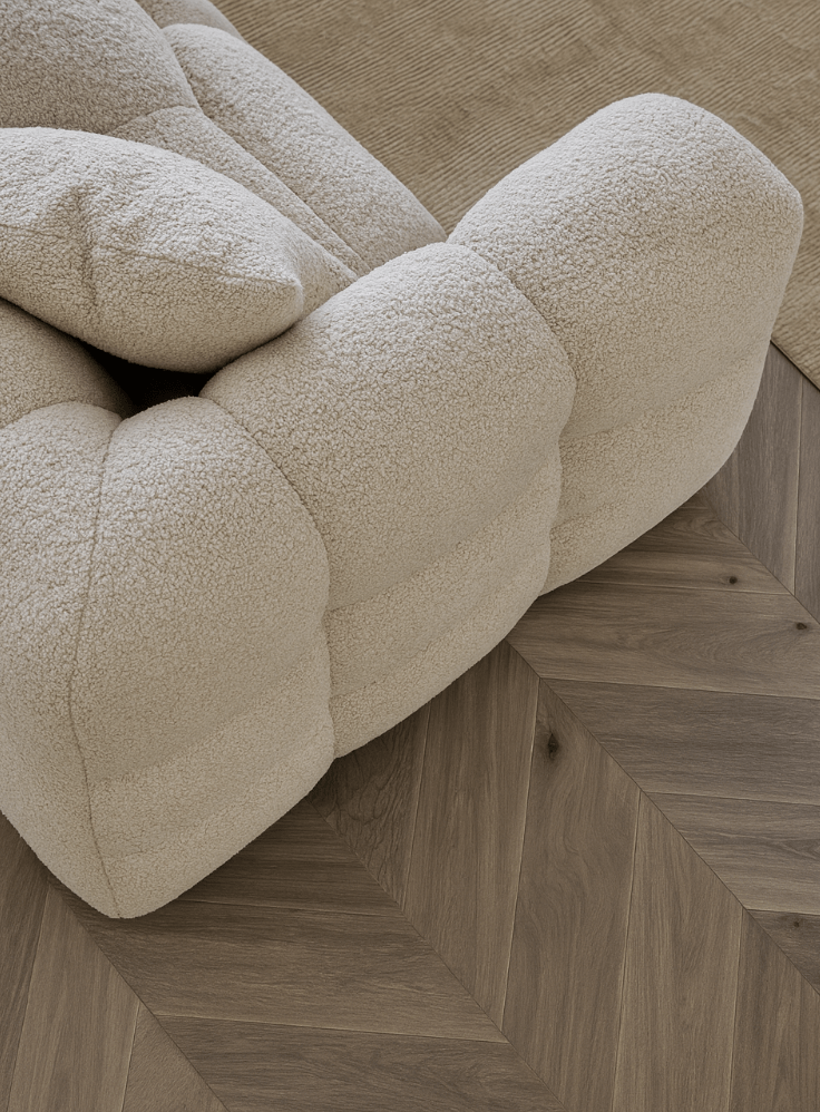 Maya Right Hand Corner Group in Oatmeal Boucle Fabric - The Outlet Home