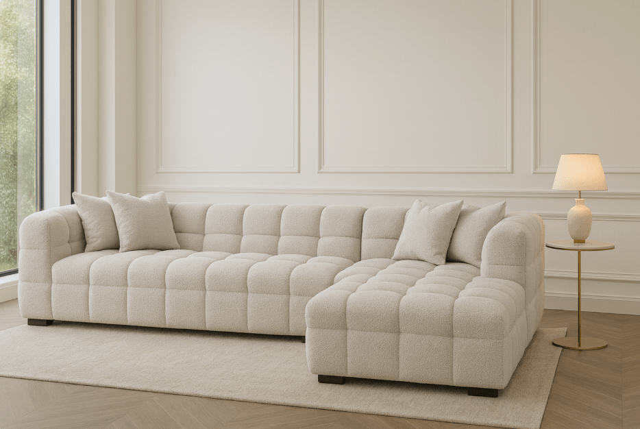 Maya Right Hand Corner Group in Oatmeal Boucle Fabric - The Outlet Home