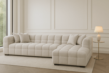 Maya Right Hand Corner Group in Oatmeal Boucle Fabric - The Outlet Home