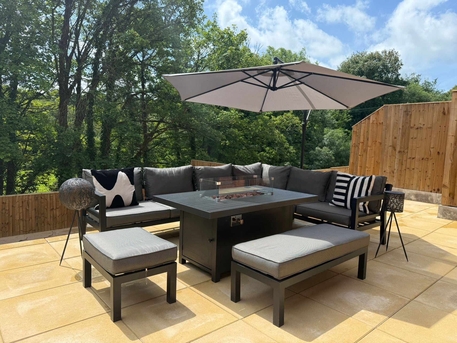 fire pit patio table with umbrella Miami Grey Aluminium Corner Sofa Set with Fire Pit Table
