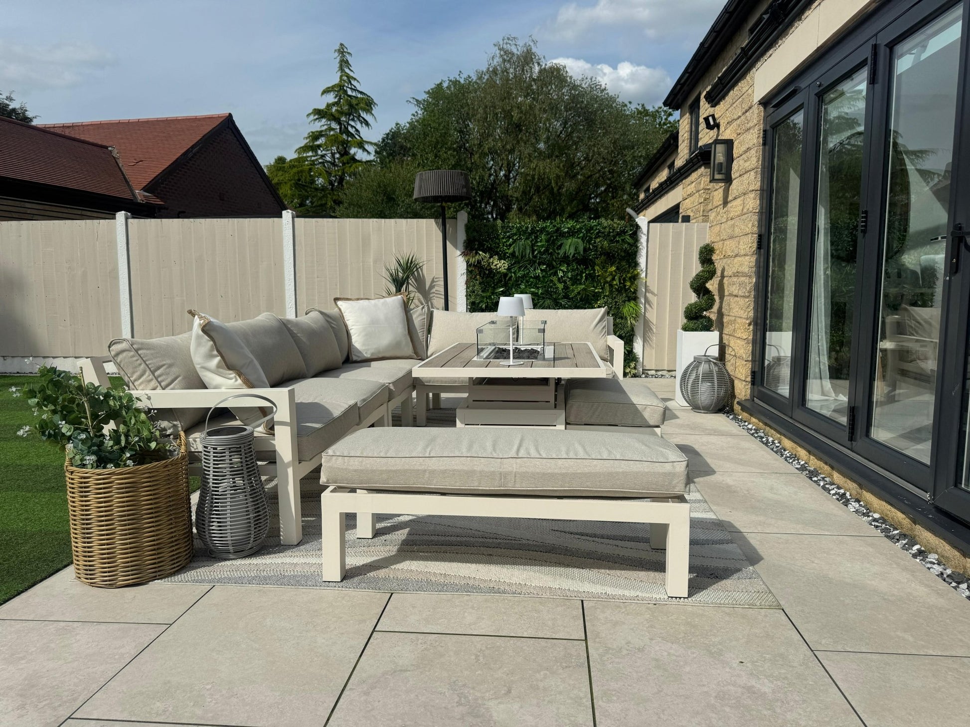 Miami Aluminium Corner Sofa Set with Fire Pit Table in Natural - Pre - order due end of July - Order by 26th May for Free Parasol & Weather Cover - The Outlet Home