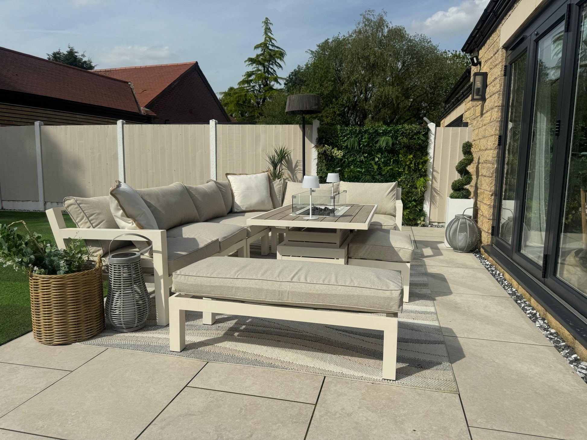 Miami Aluminium Corner Sofa Set with Fire Pit Table in Natural - Pre - order due end of July - Order by 26th May for Free Parasol & Weather Cover - The Outlet Home