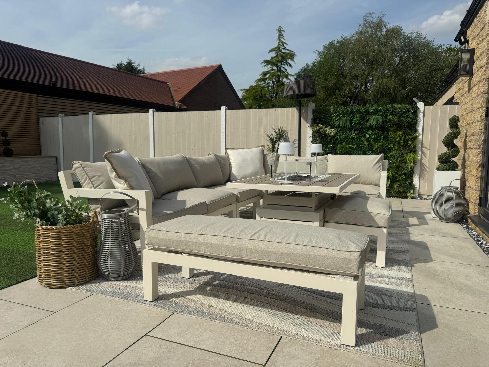 Miami Aluminium Corner Sofa Set with Fire Pit Table in Natural - Pre - order due end of July - Order by 26th May for Free Parasol & Weather Cover - The Outlet Home
