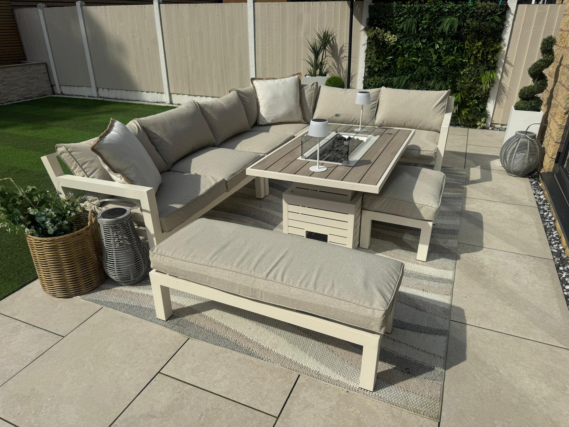 Miami Aluminium Corner Sofa Set with Fire Pit Table in Natural - Pre - order due end of July - Order by 26th May for Free Parasol & Weather Cover - The Outlet Home