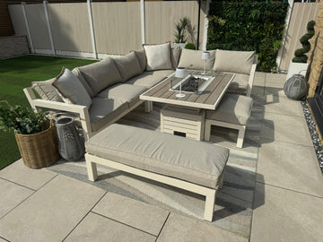 Miami Aluminium Corner Sofa Set with Fire Pit Table in Natural - Pre - order due end of July - Order by 26th May for Free Parasol & Weather Cover - The Outlet Home