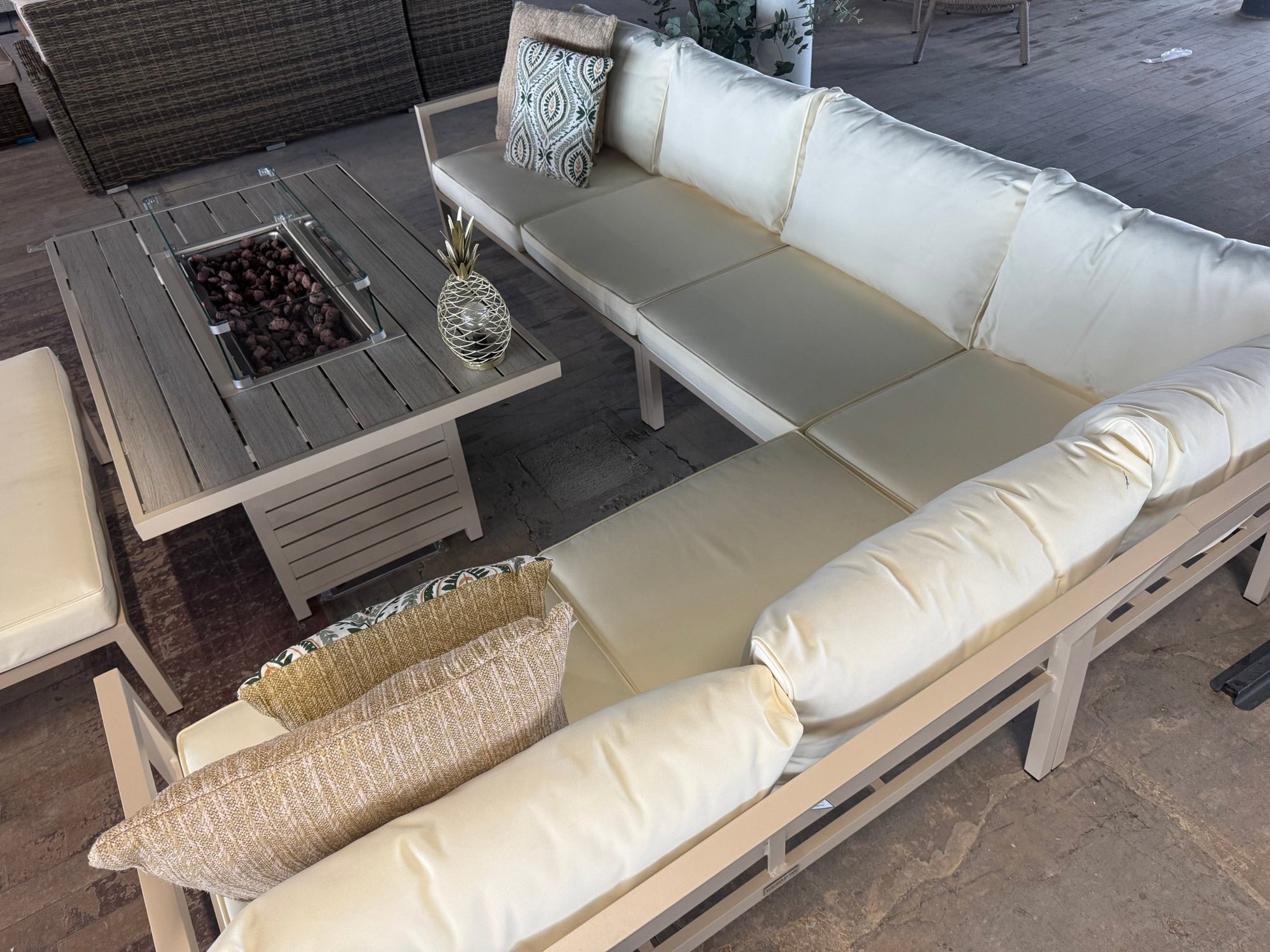 Miami Beige Aluminium Corner Sofa Set with Fire Pit Table - The Outlet Home