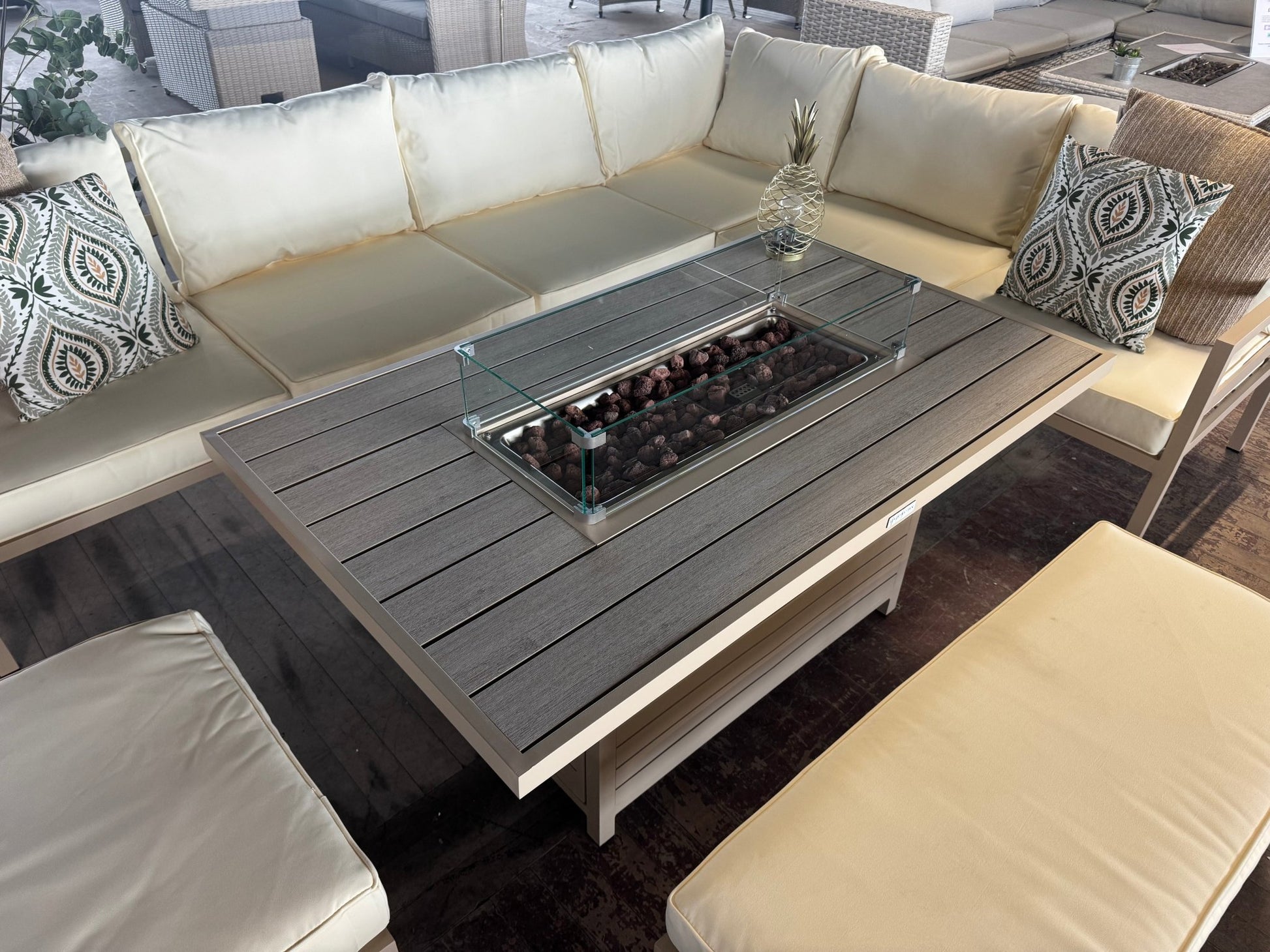 Miami Beige Aluminium Corner Sofa Set with Fire Pit Table - The Outlet Home